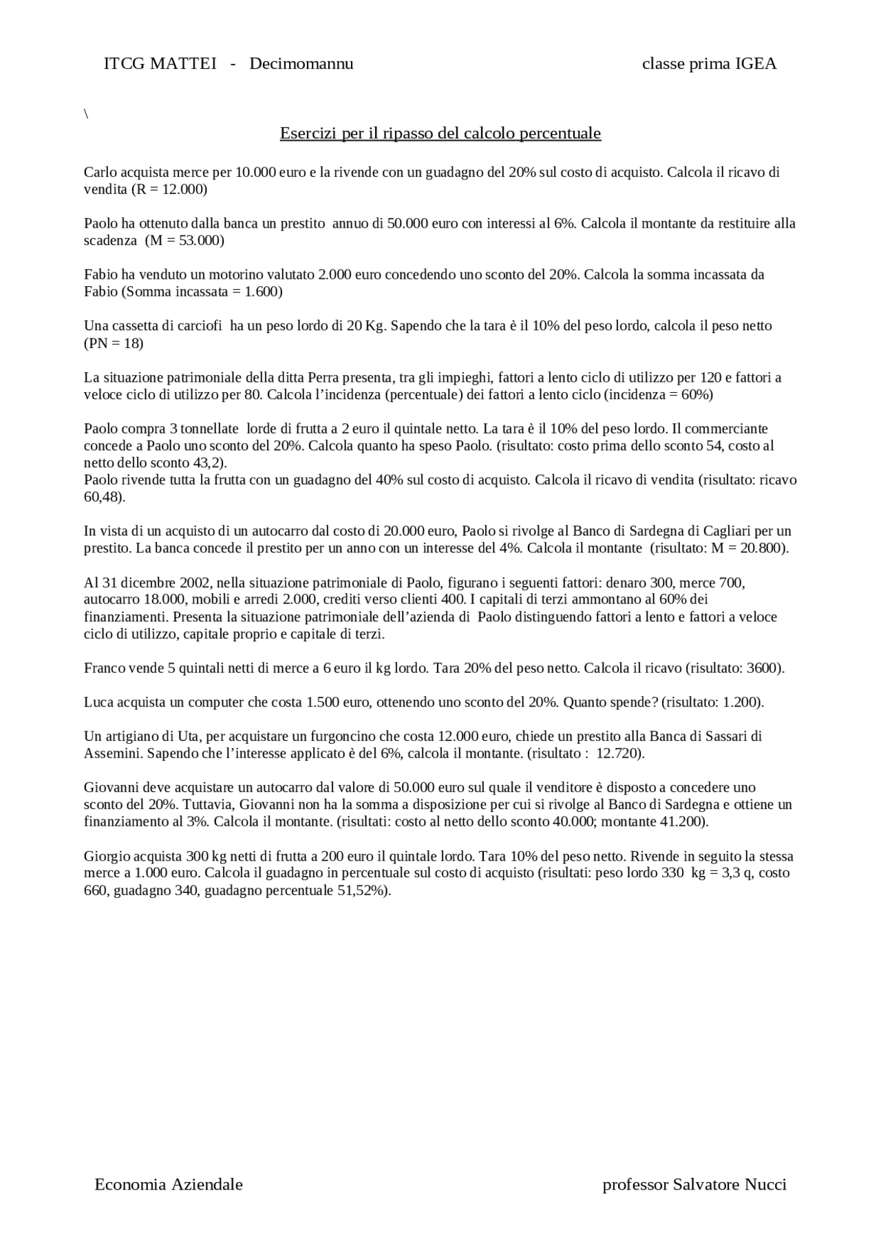 8+ Calcolo Per Percentuale Esercizi calcolo percentuale - Docsity