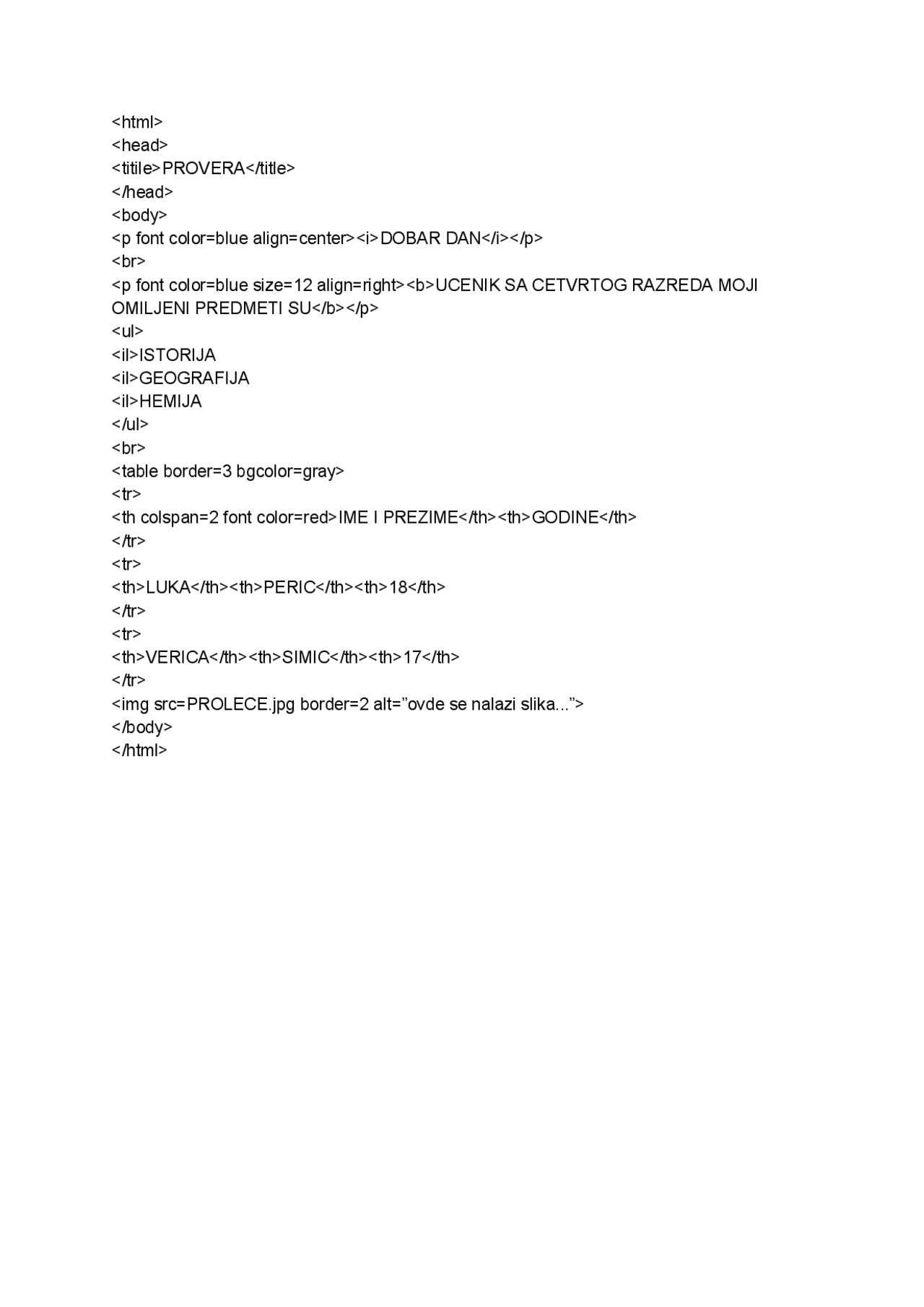 Html zadatak cetvrti razred - Docsity