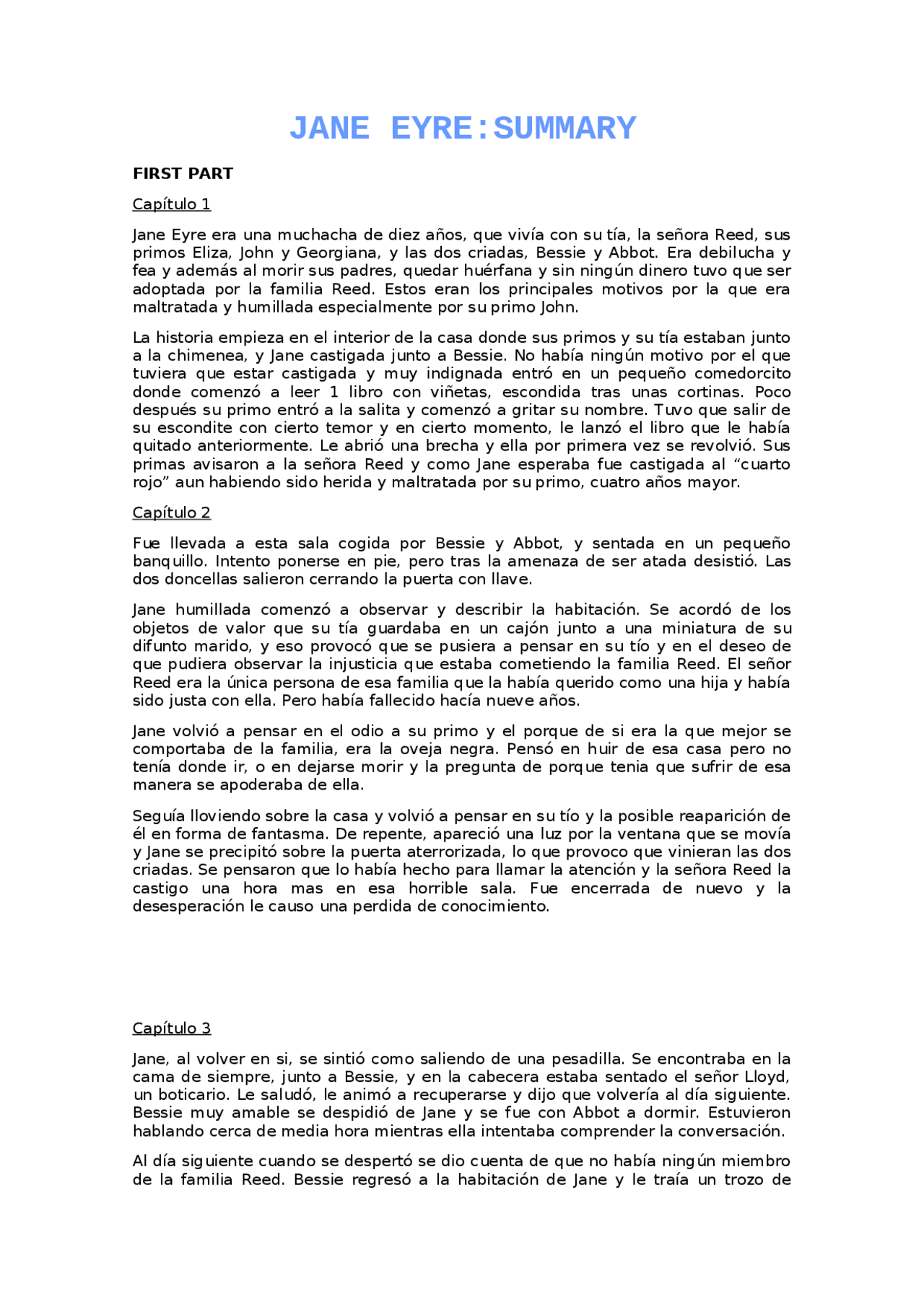 JANE EYRE SUMMARY OF THE BOOK Docsity