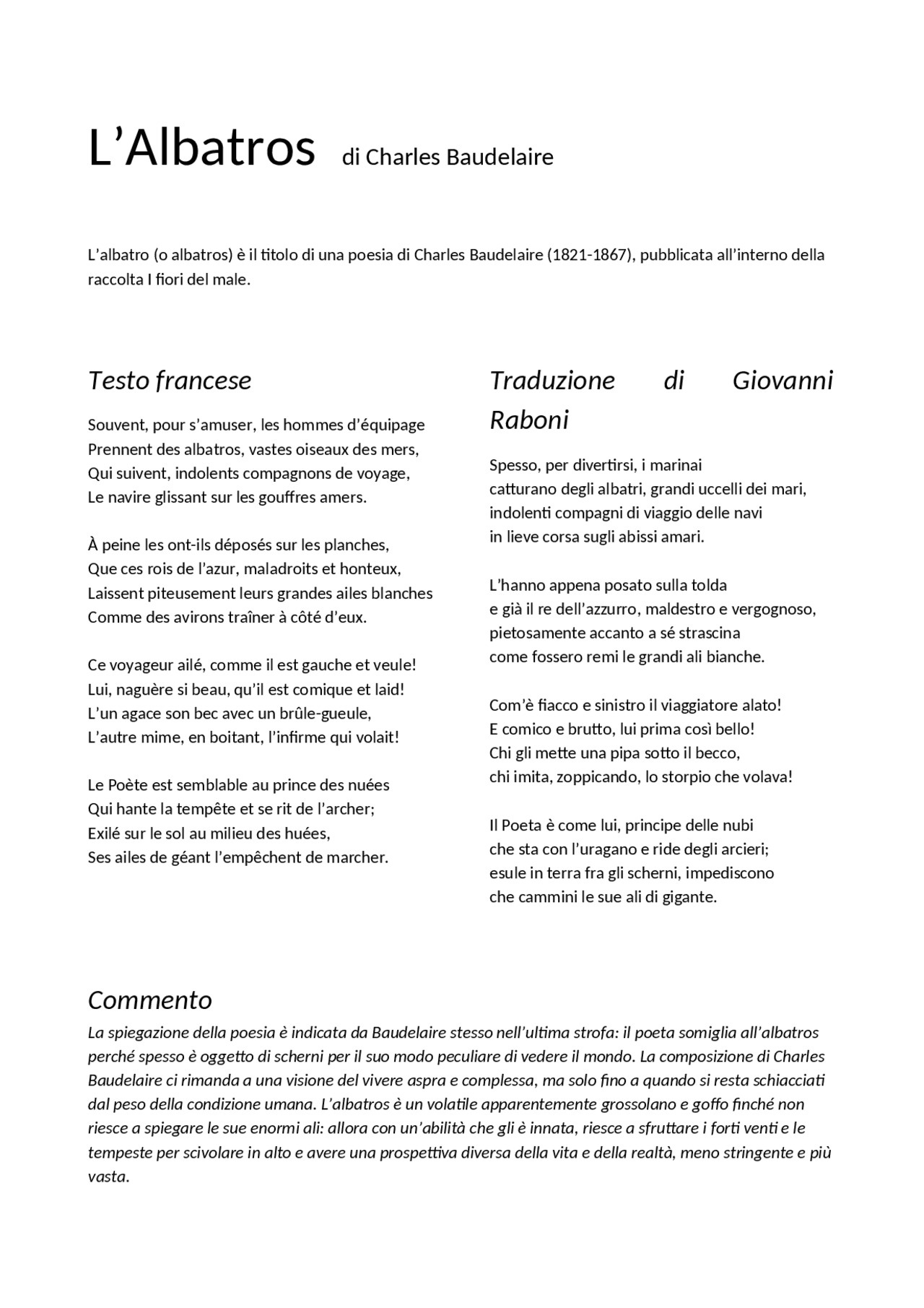 Testo L'Albatros di Charles Baudelaire correlato di commento | Appunti ...