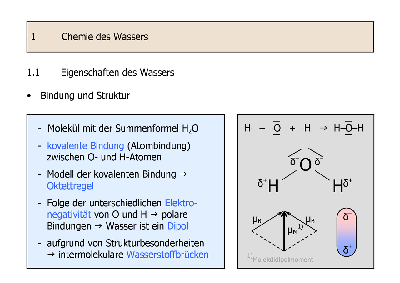 Chemie des Wassers Eigenschaften des Wassers Docsity