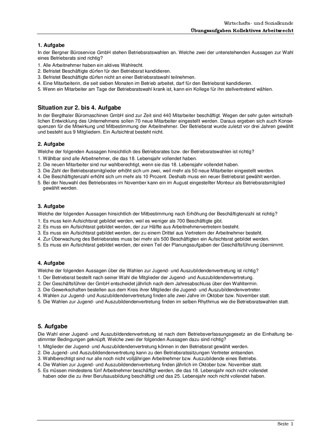 Wirtschafts- und Sozialkunde: Übungsaufgaben Kollektives Arbeitsrecht ...