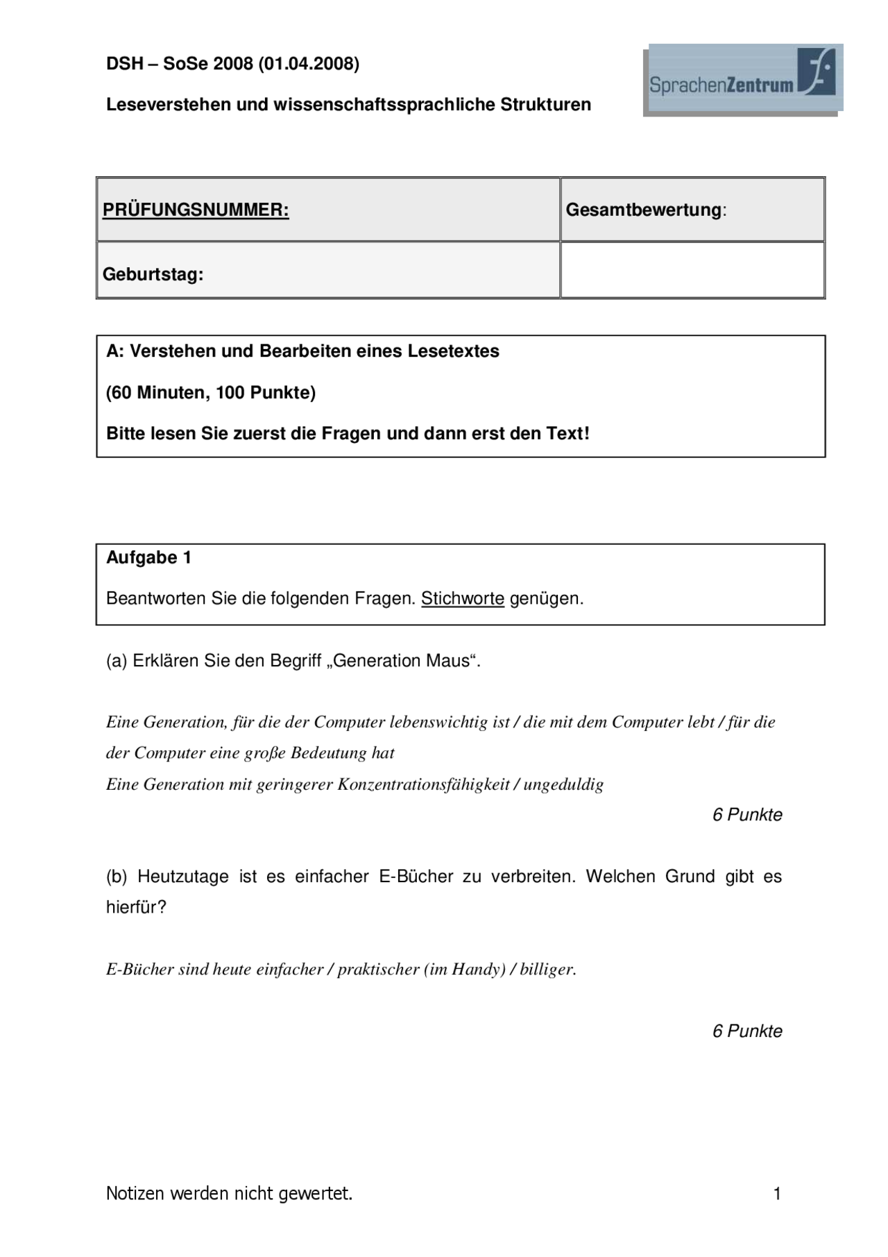 DSH - SoSe 2008 - HU Berlin - Lösungen  Prüfungen Deutsch als 