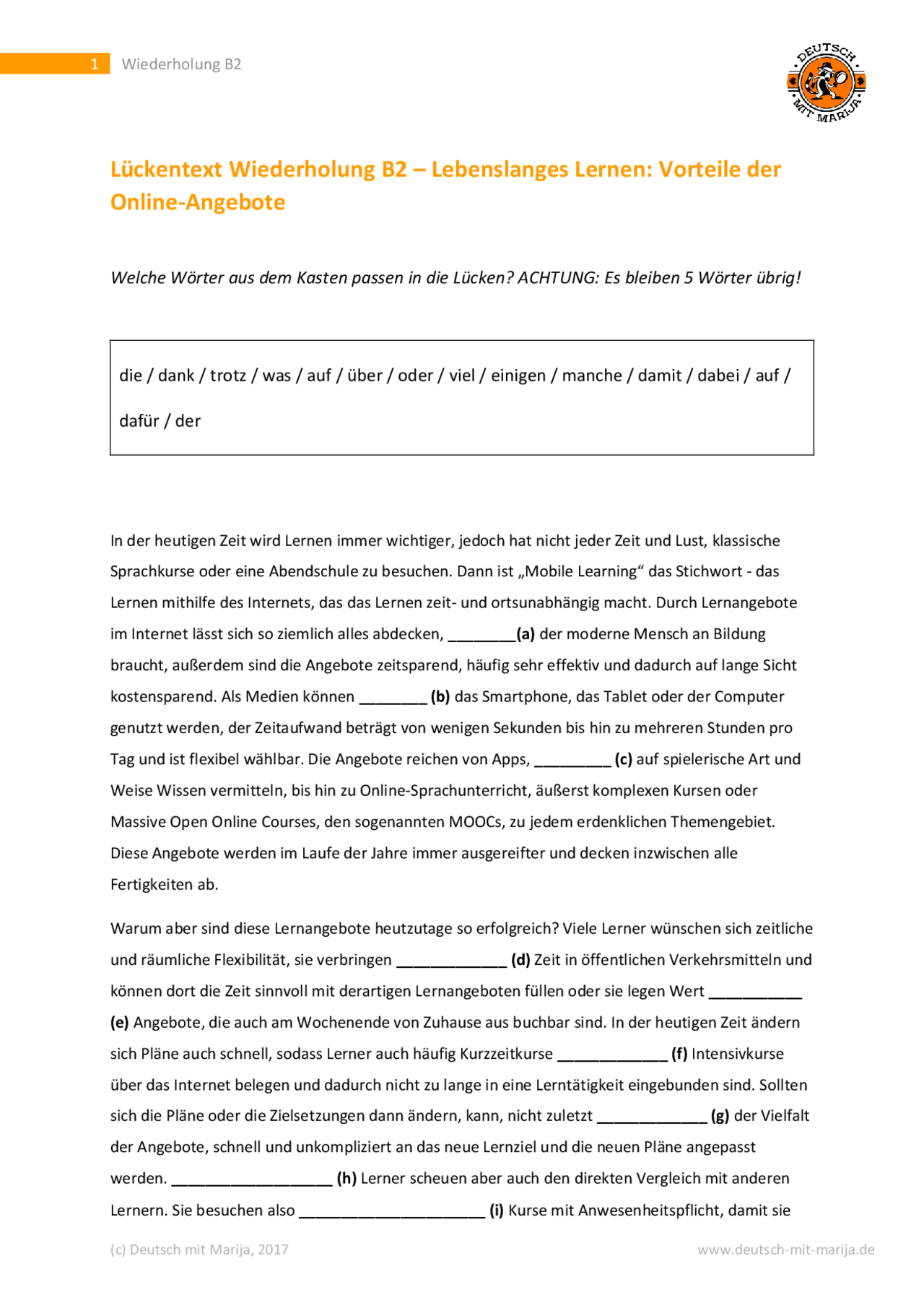 Deutsch B2/Präpositionen - Lückentext, Lösungen, Fehlererklärung