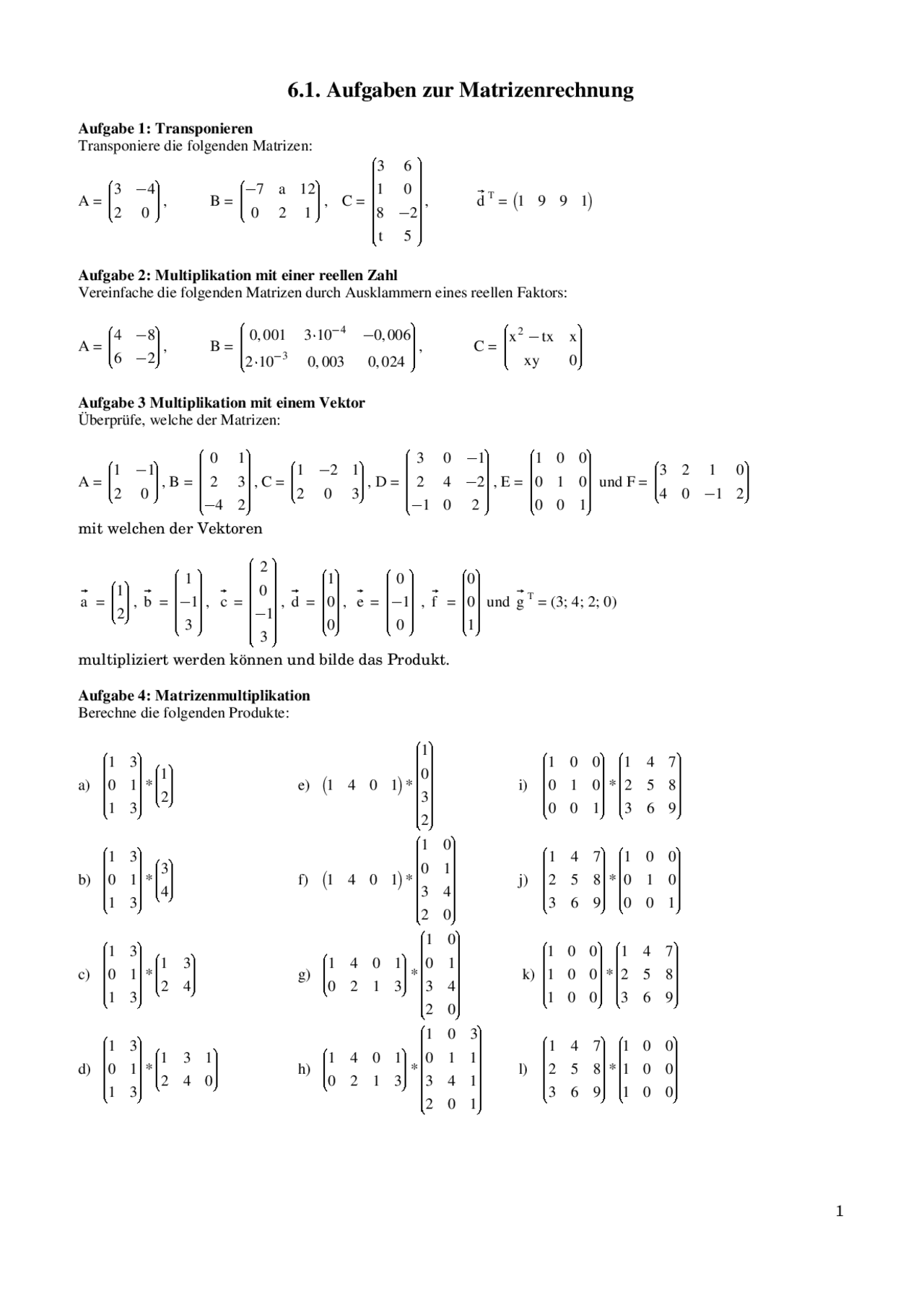 Matrizen Aufgaben Mit Lösungen Pdf
