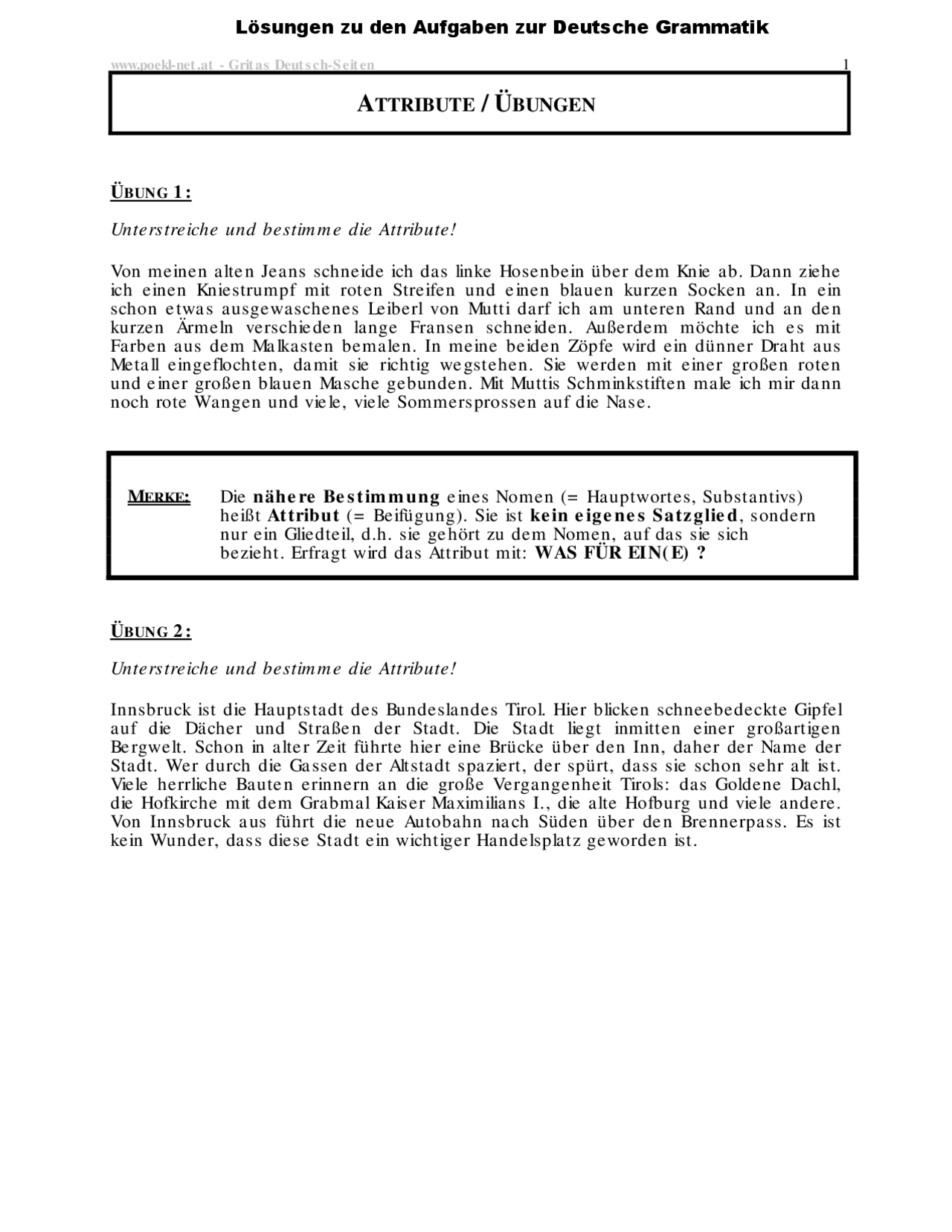 Lösungen zu den Aufgaben zur Deutsche Grammatik Übungen Deutsch Docsity