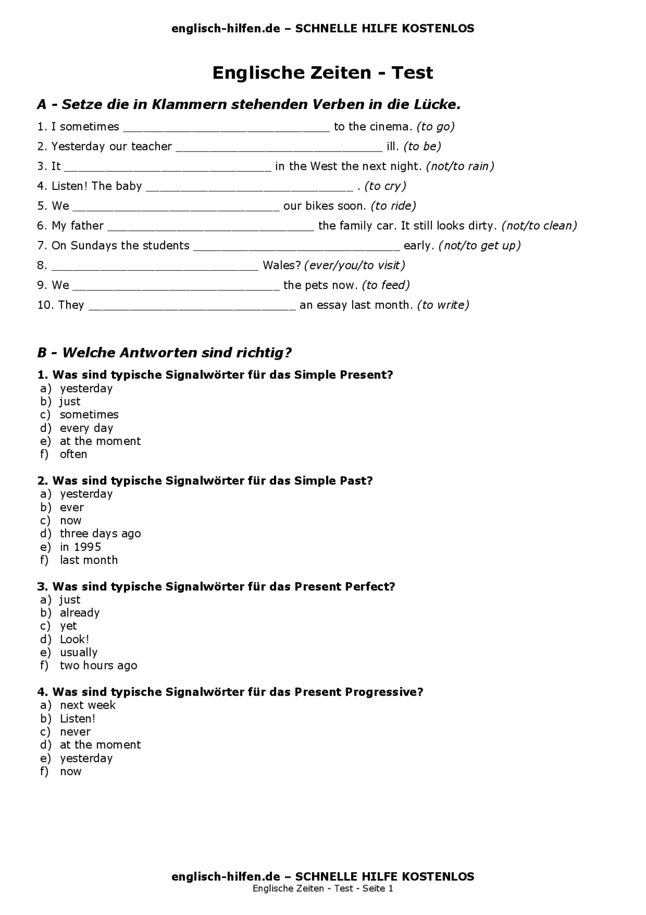 Englisch übungen Zu Den Zeiten Englische Zeiten - Test | Übungen Englisch | Docsity