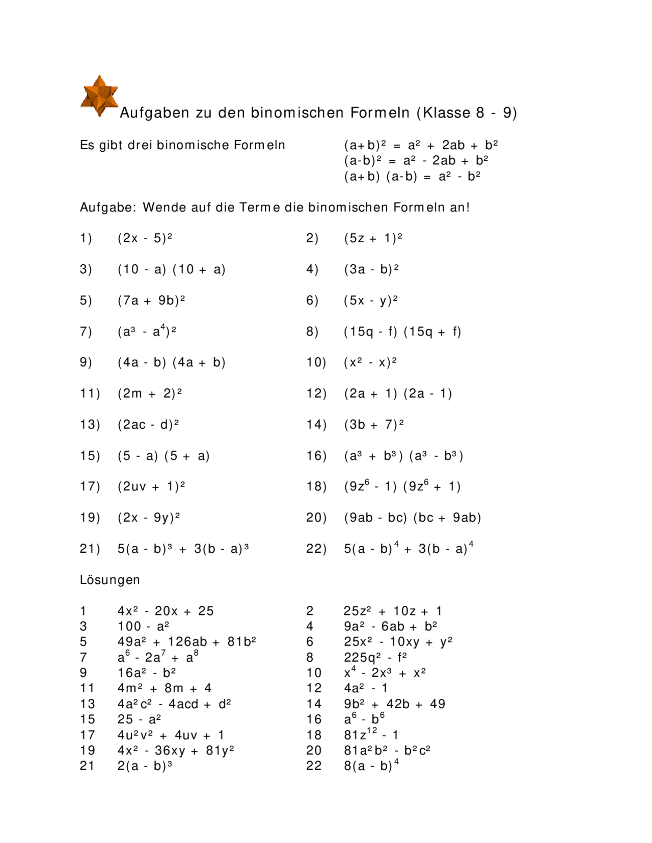 übungen Zu Binomischen Formeln Mit Lösungen
