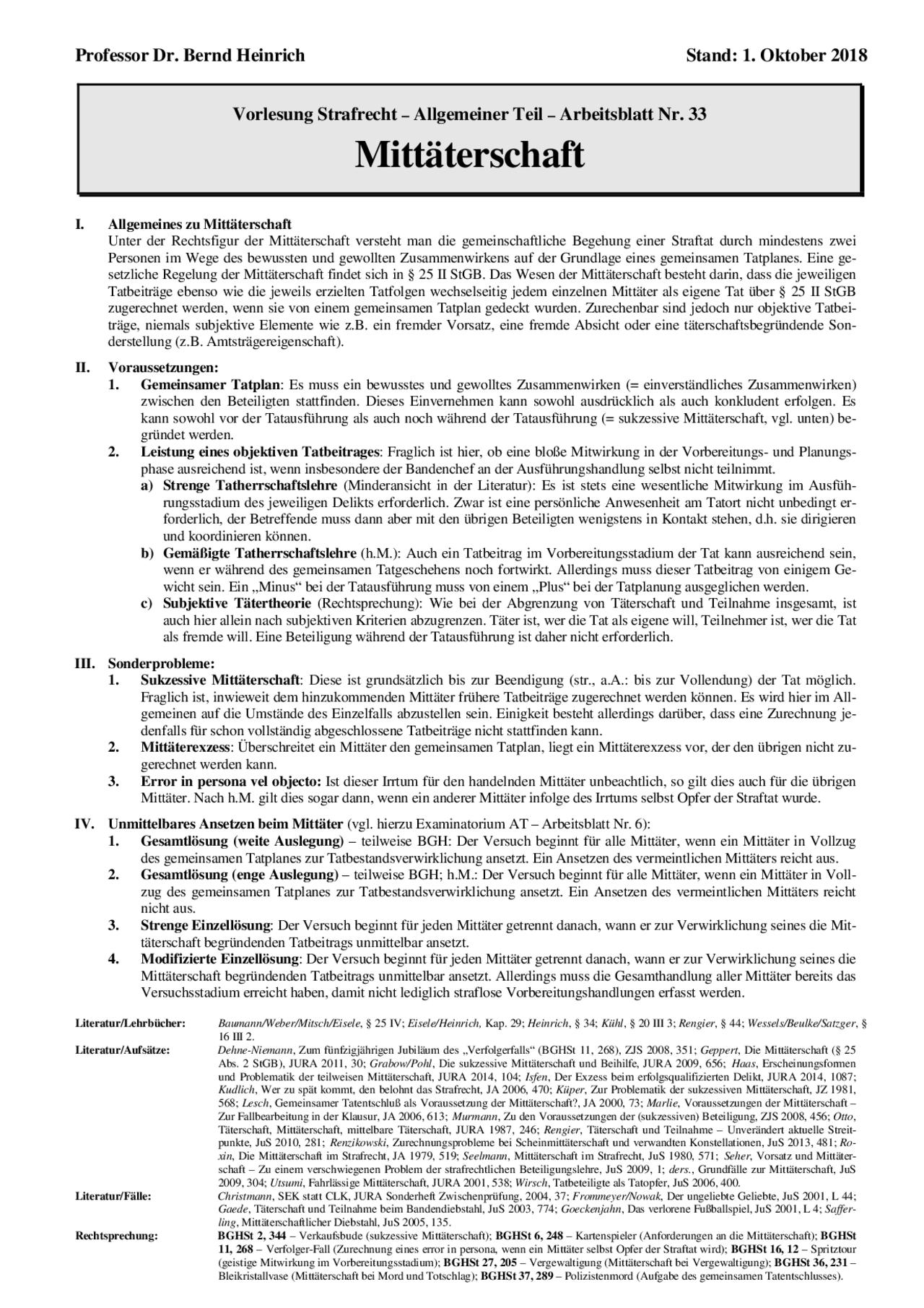 Raub Schema Mittäterschaft-Arbeitsblatt Prof. Heinrich WS 18 - Docsity