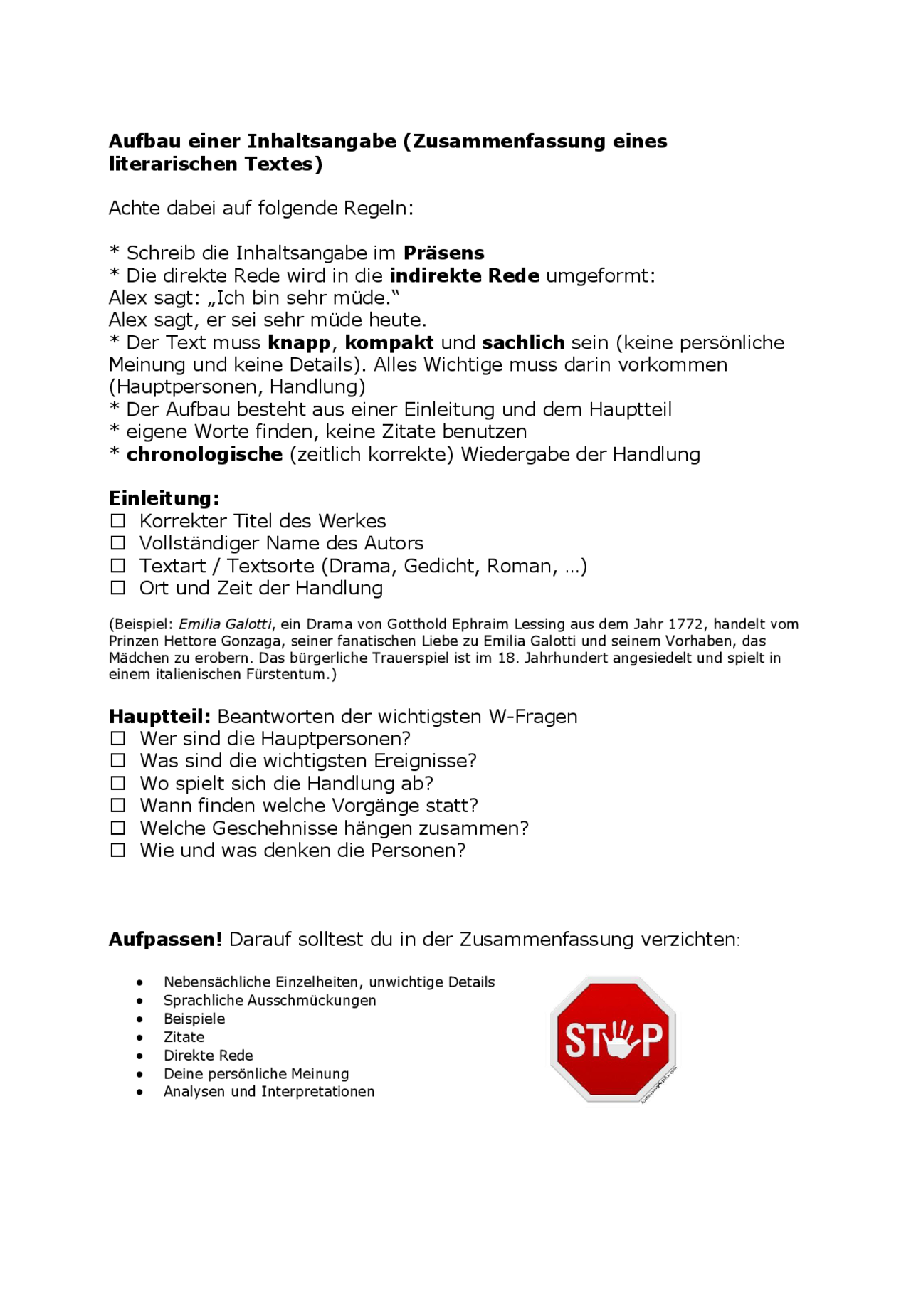 Aufbau einer Inhaltsangabe (literarische Texte) - Docsity