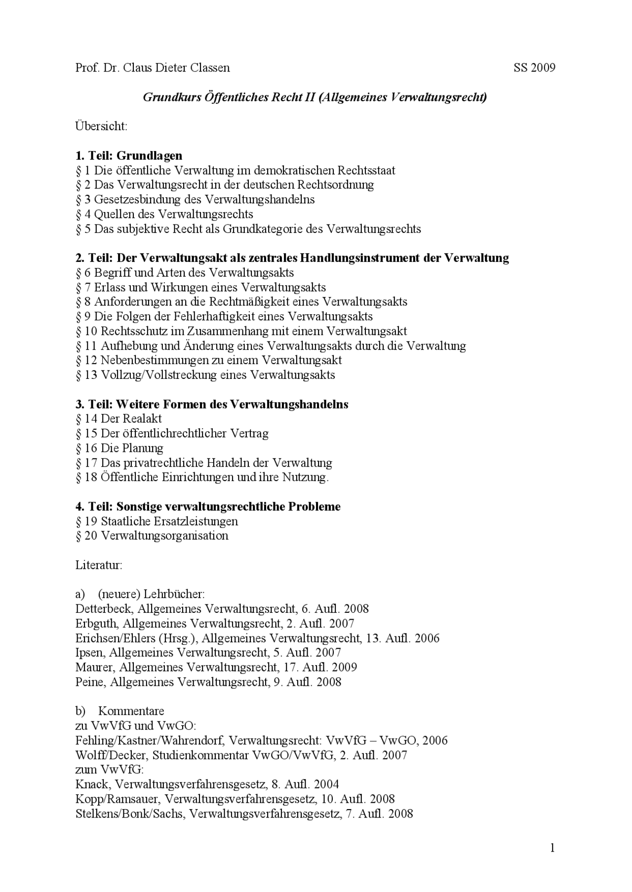 Grundkurs Öffentliches Recht II (Allgemeines Verwaltungsrecht) - Docsity