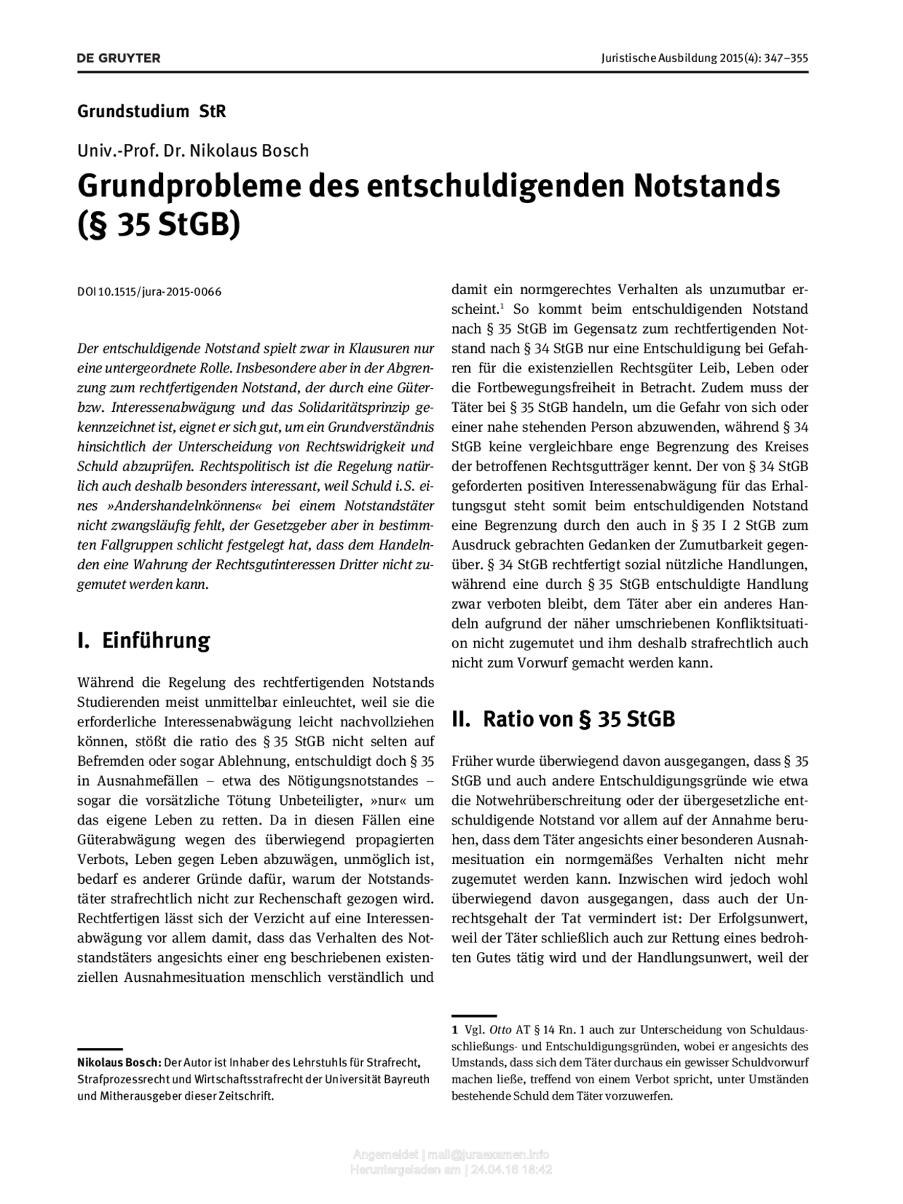 Grundprobleme des entschuldigenden Notstands (§ 35 StGB) - Docsity