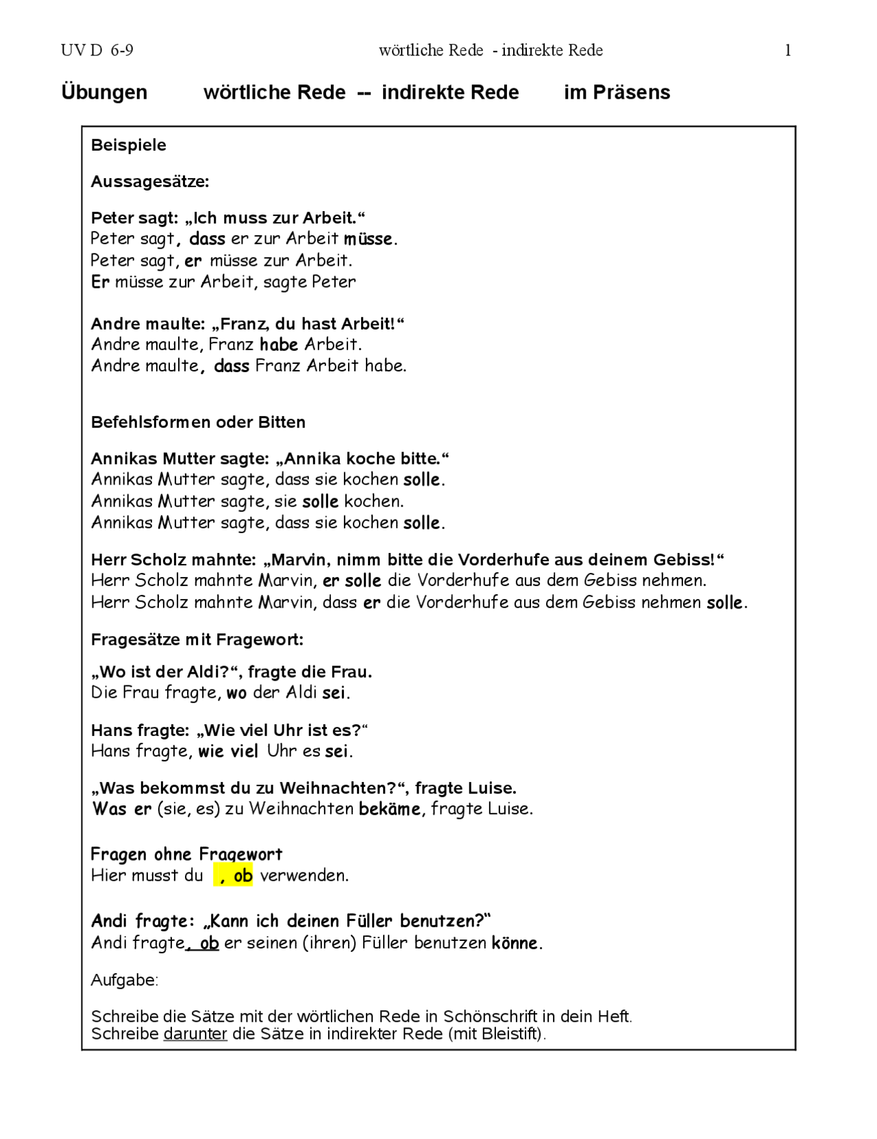 übungen Zur Indirekten Rede Deutsch Wörtliche Rede -- indirekte Rede im Präsens | Exercises Deutsch | Docsity