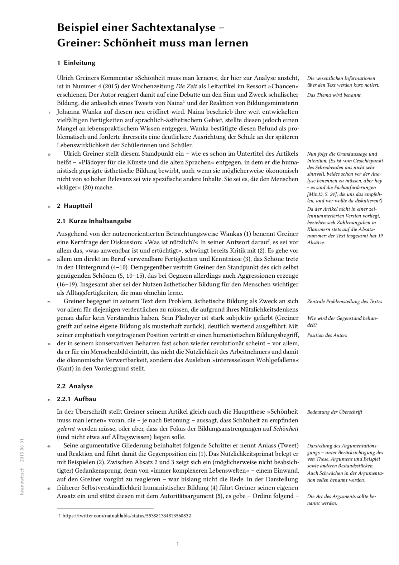 Sachtextanalyse Beispiel Klasse 9 Mit Lösung Beispiel einer Sachtextanalyse - Greiner: Schönheit muss man lernen