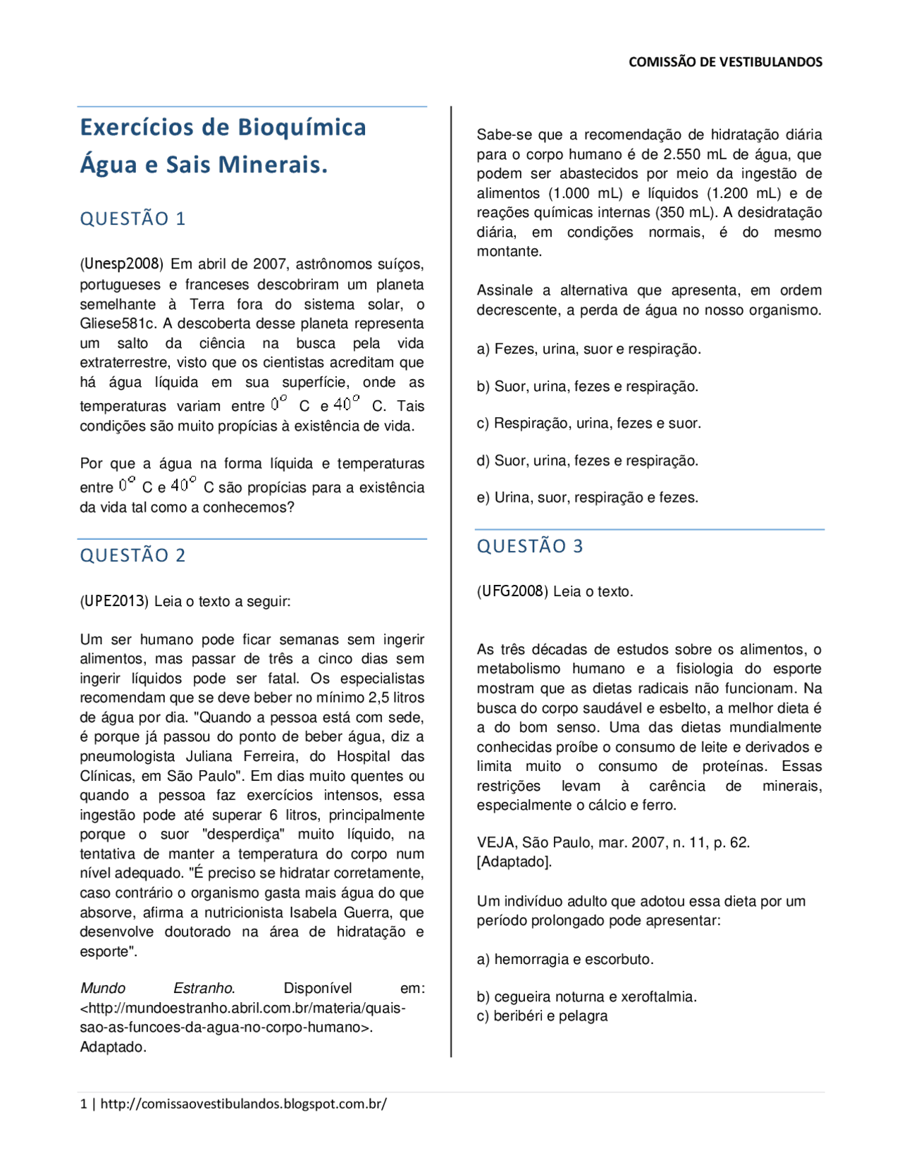 água E Sais Minerais Exercícios - NAZAEDU
