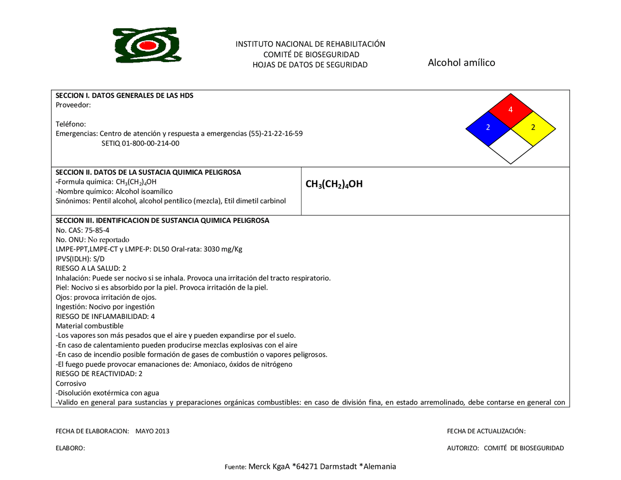 Alcohol amílico ficha de seguridad - Docsity