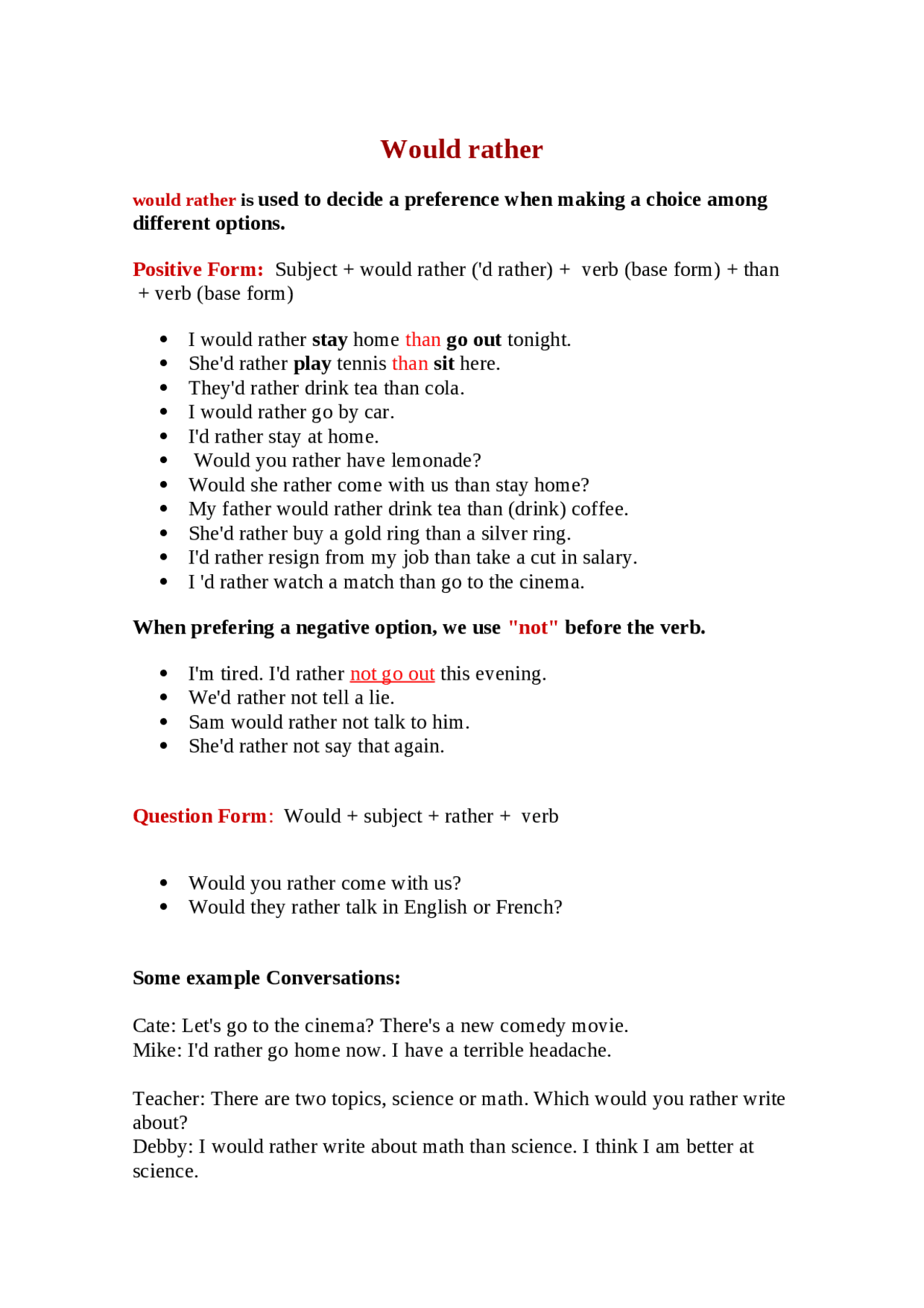 But Rather Examples WOULD RATHER (ENGLISH) - Docsity