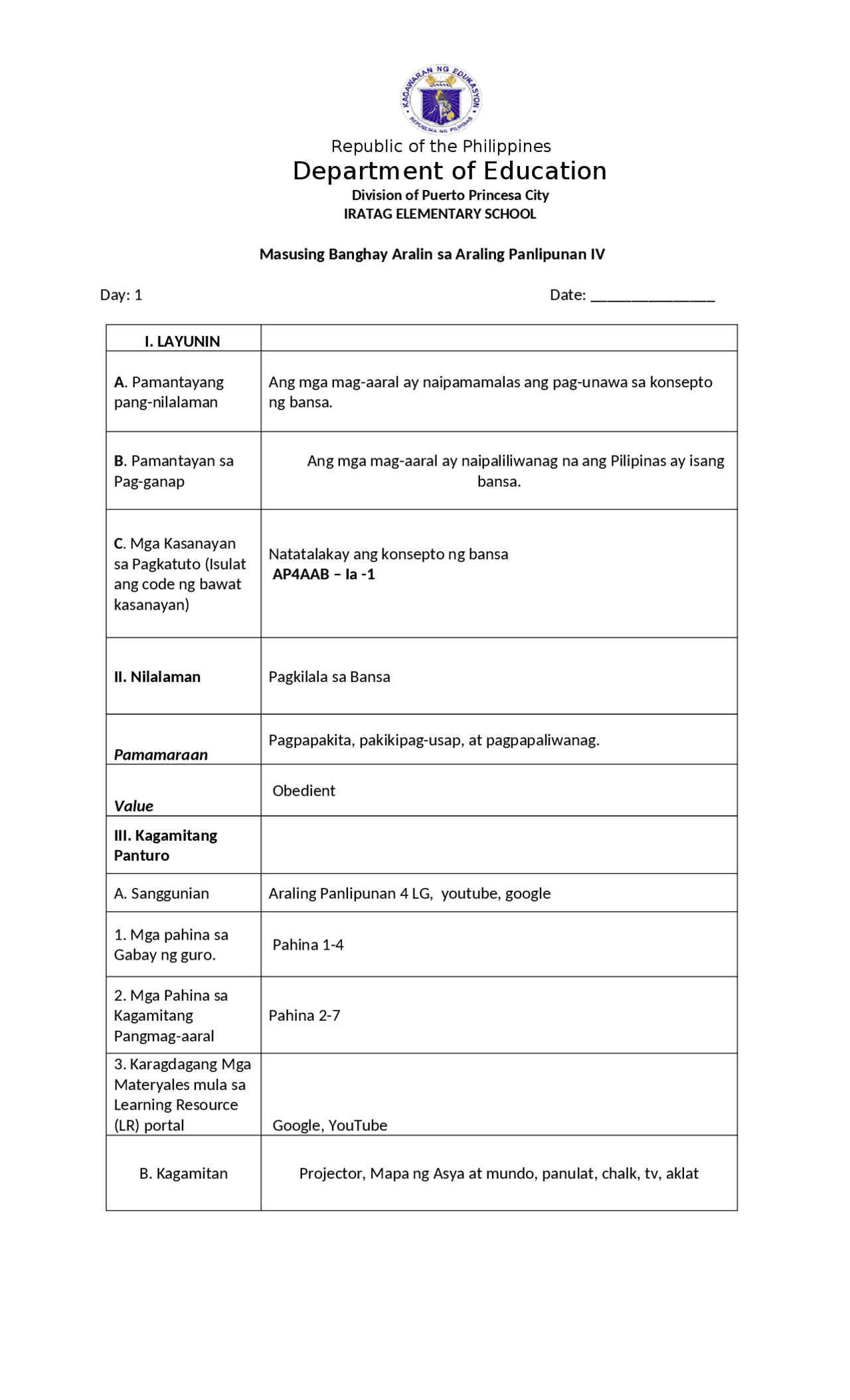 Detailed lesson plan in AP | Study notes English | Docsity