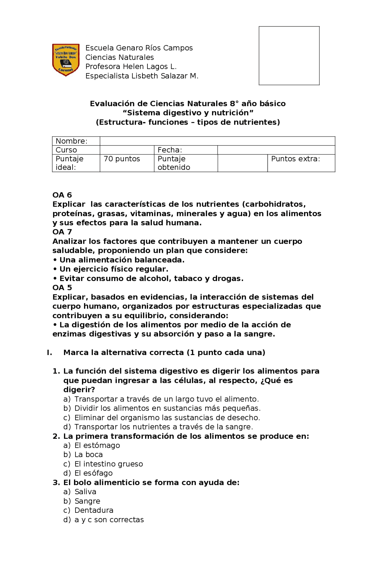 Prueba sistema digestivo | Exámenes de Biología | Docsity