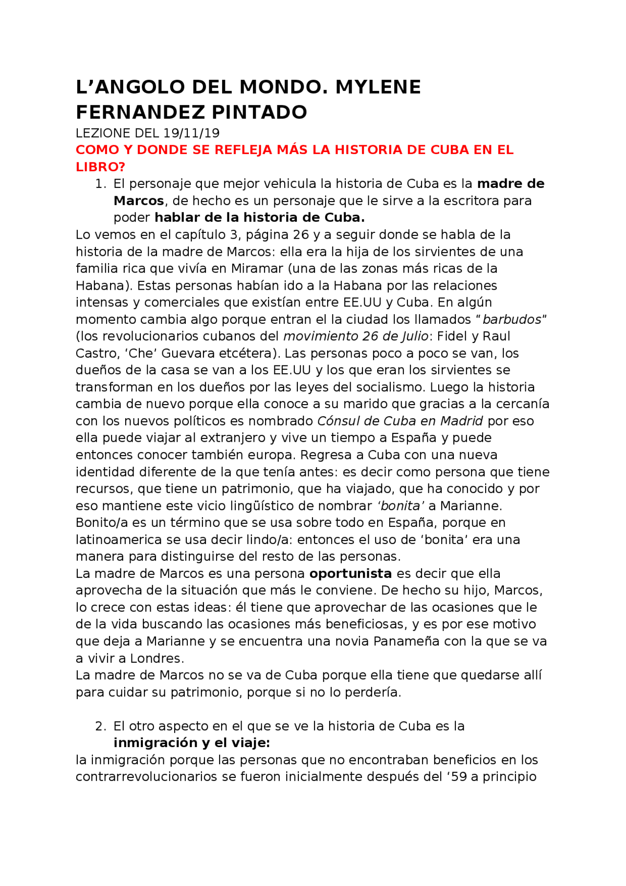 L'angolo del mondo, Mylene Fernandez Pintado Appunti di Lingua