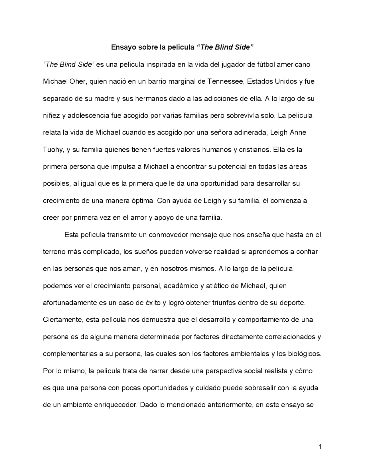 Ensayo The Blind Side Docsity