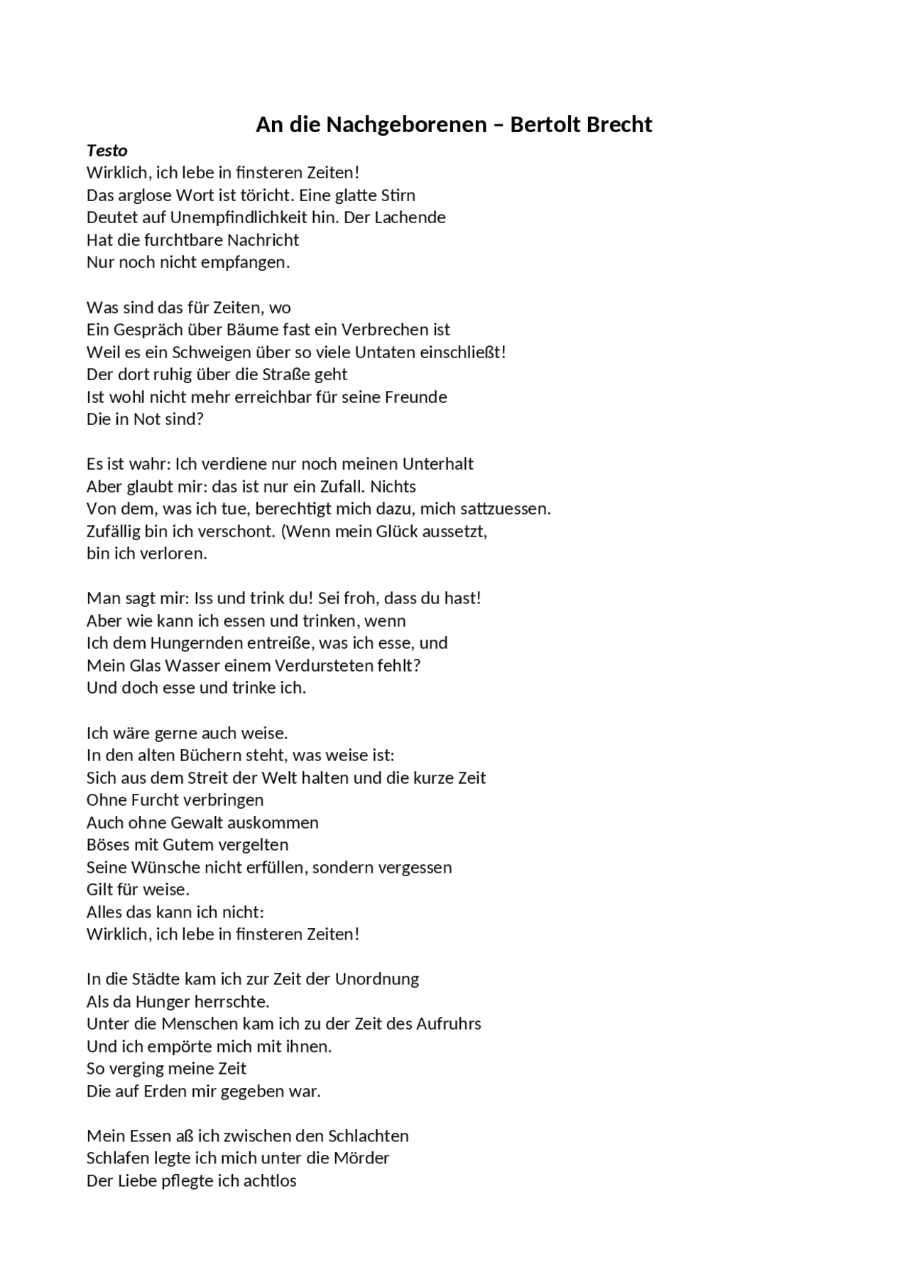 An die Nachgeborenen - Bertolt Brecht - Docsity