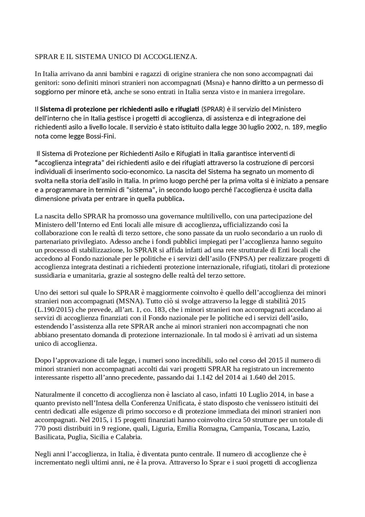 Sprar Sprar e il Sistema Unico di Accoglienza - Docsity