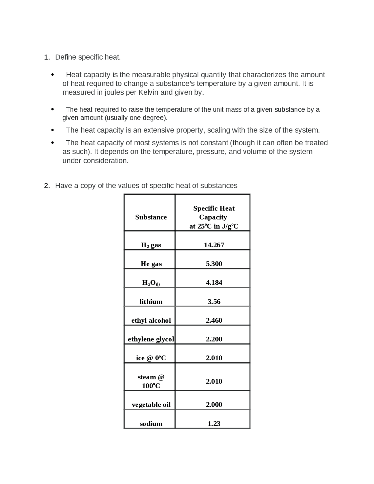 Physics specific heat - Docsity