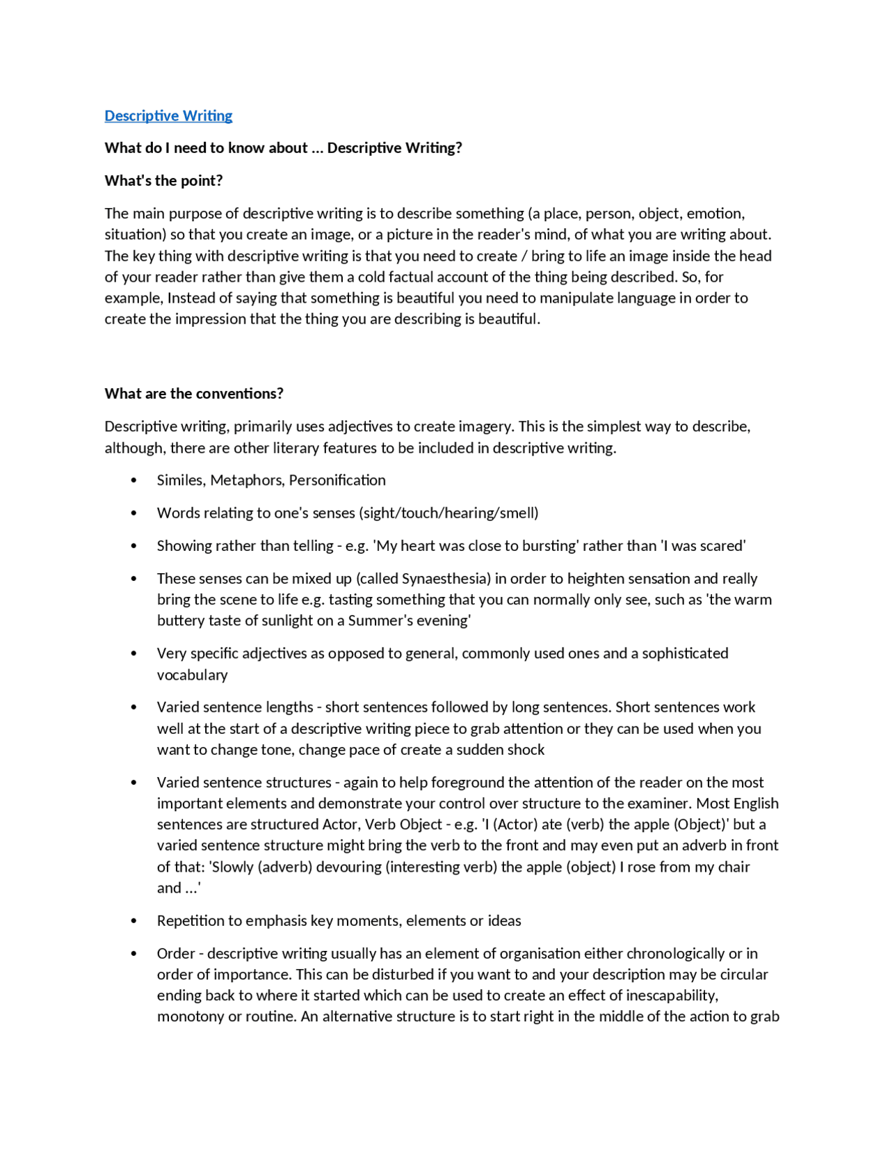 Descriptive Writing: Techniques and Conventions | Study notes English ...