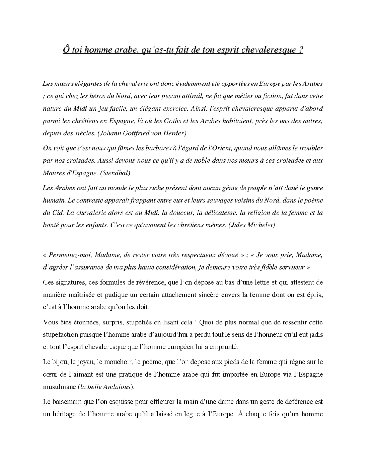 Esprit chevaleresque monde arabe Docsity