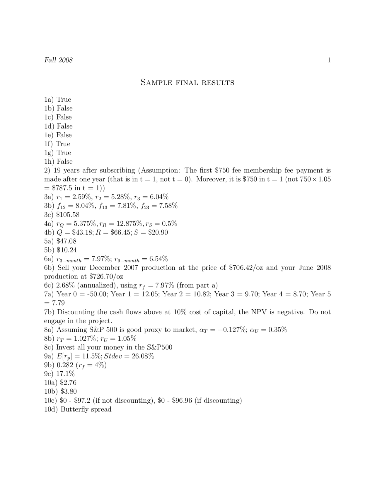 Financial Theory I Solutions to Sample Final Exam | Exams Financial ...
