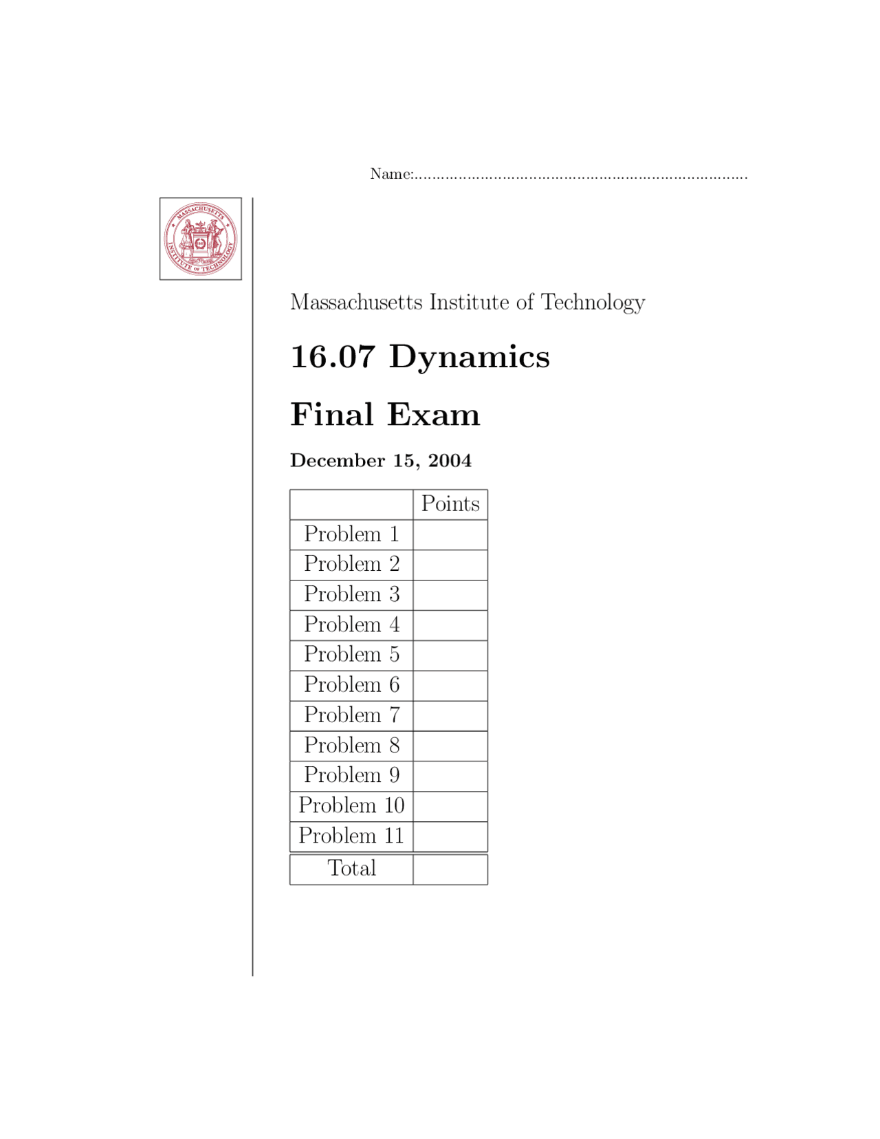 Dynamics Final Exam 2004 - Aeronautics and Austronautics - Docsity