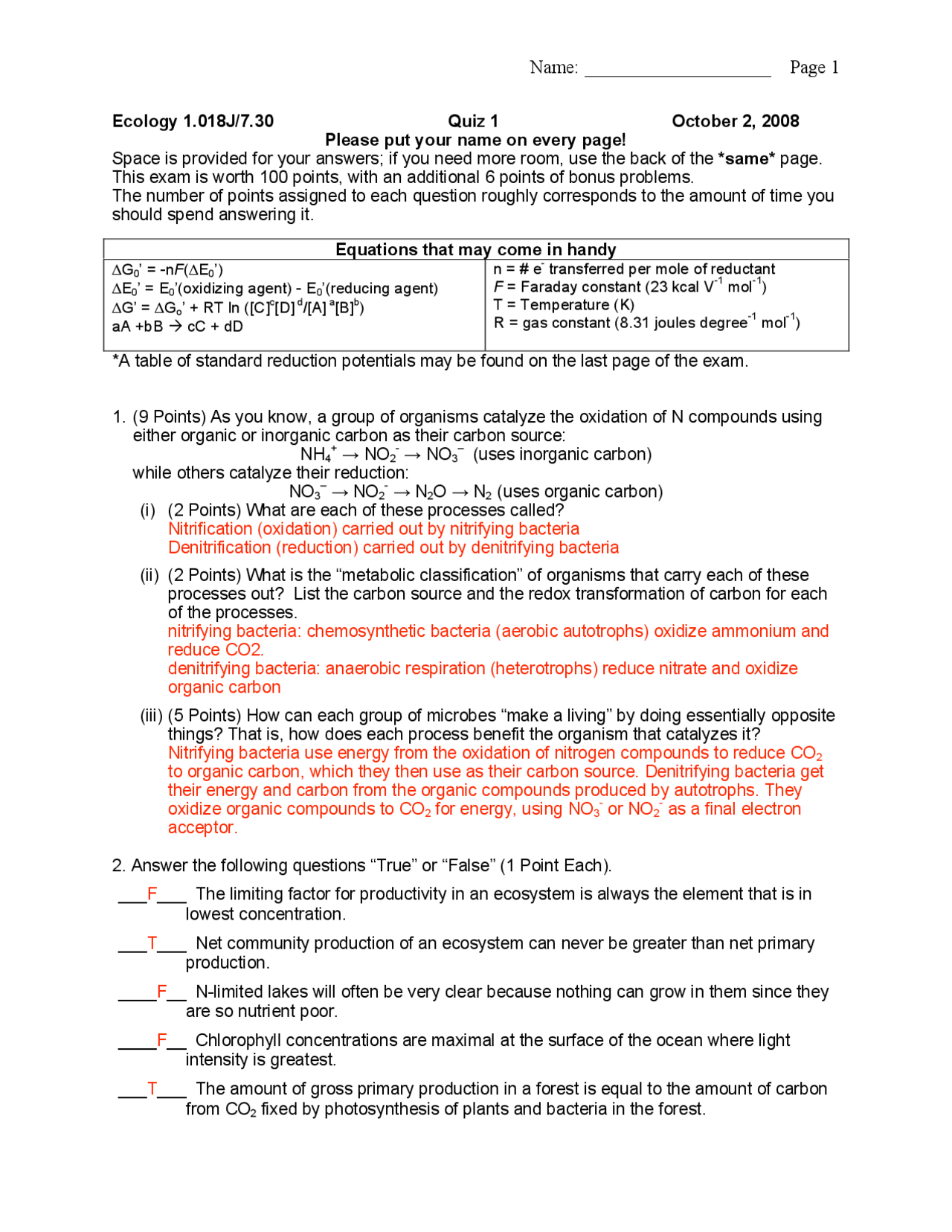 Ecology I The Earth System Quiz 1 Solutions Fall 08 Mit Docsity