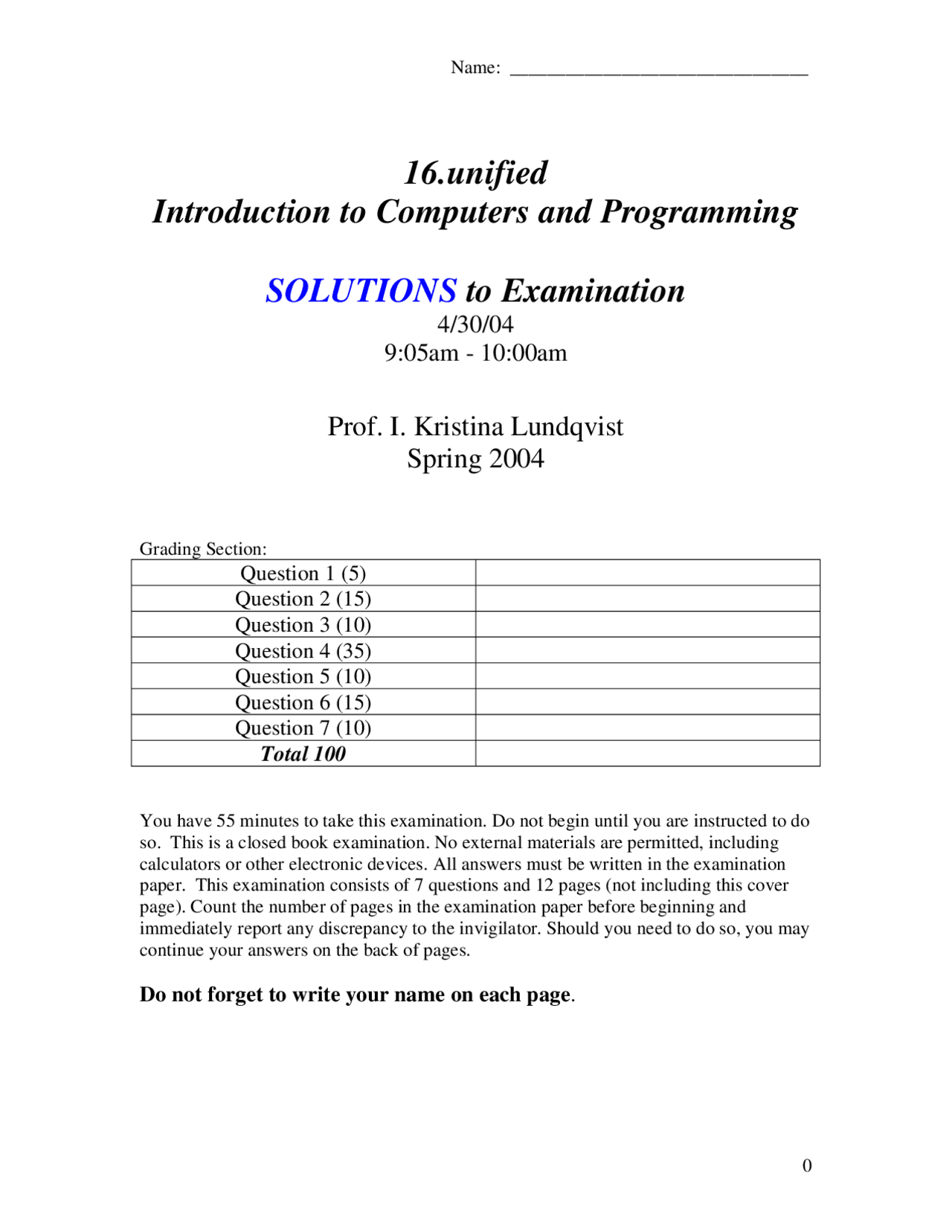 Introduction to Computers and Programming exam with answers | Exams ...