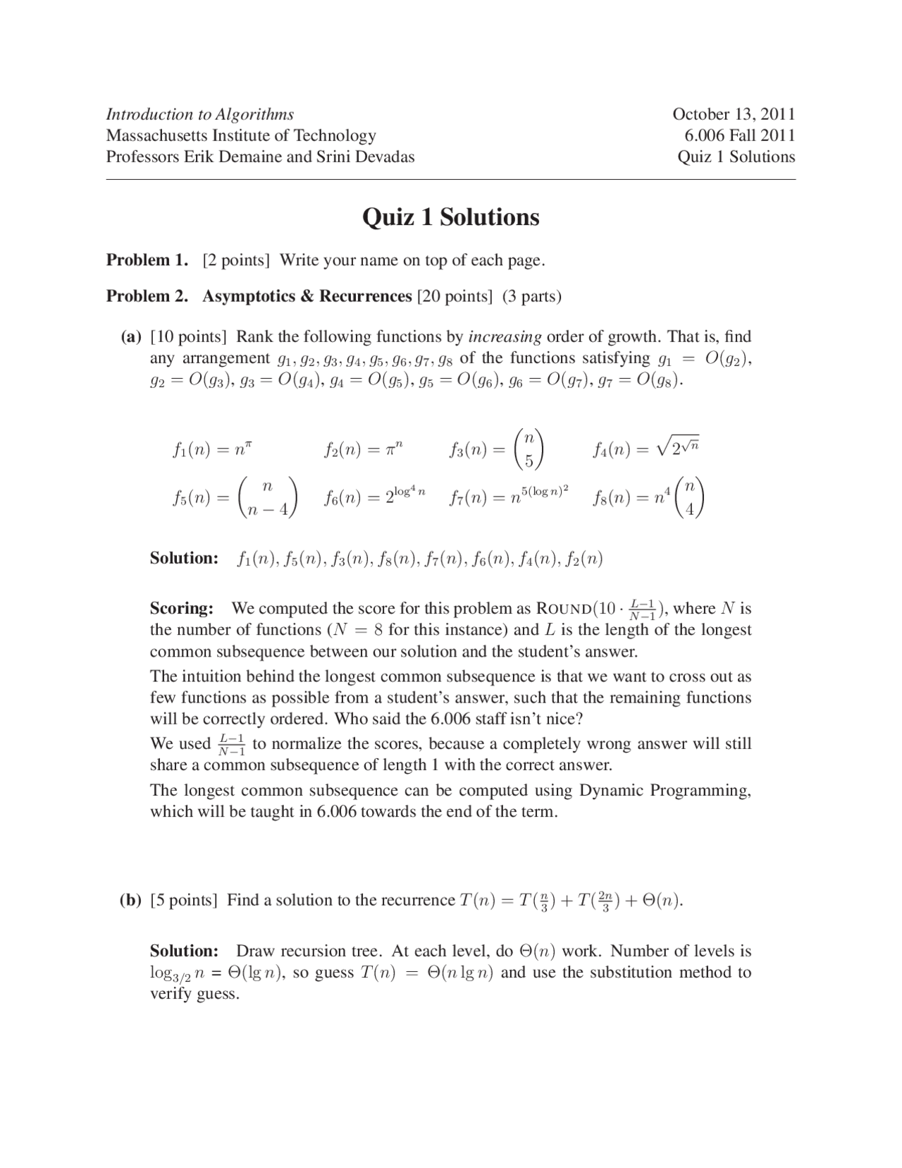 Simple Algorithmic Questions Introduction to Algorithms Quiz with solutions - Fall 2011 - Docsity