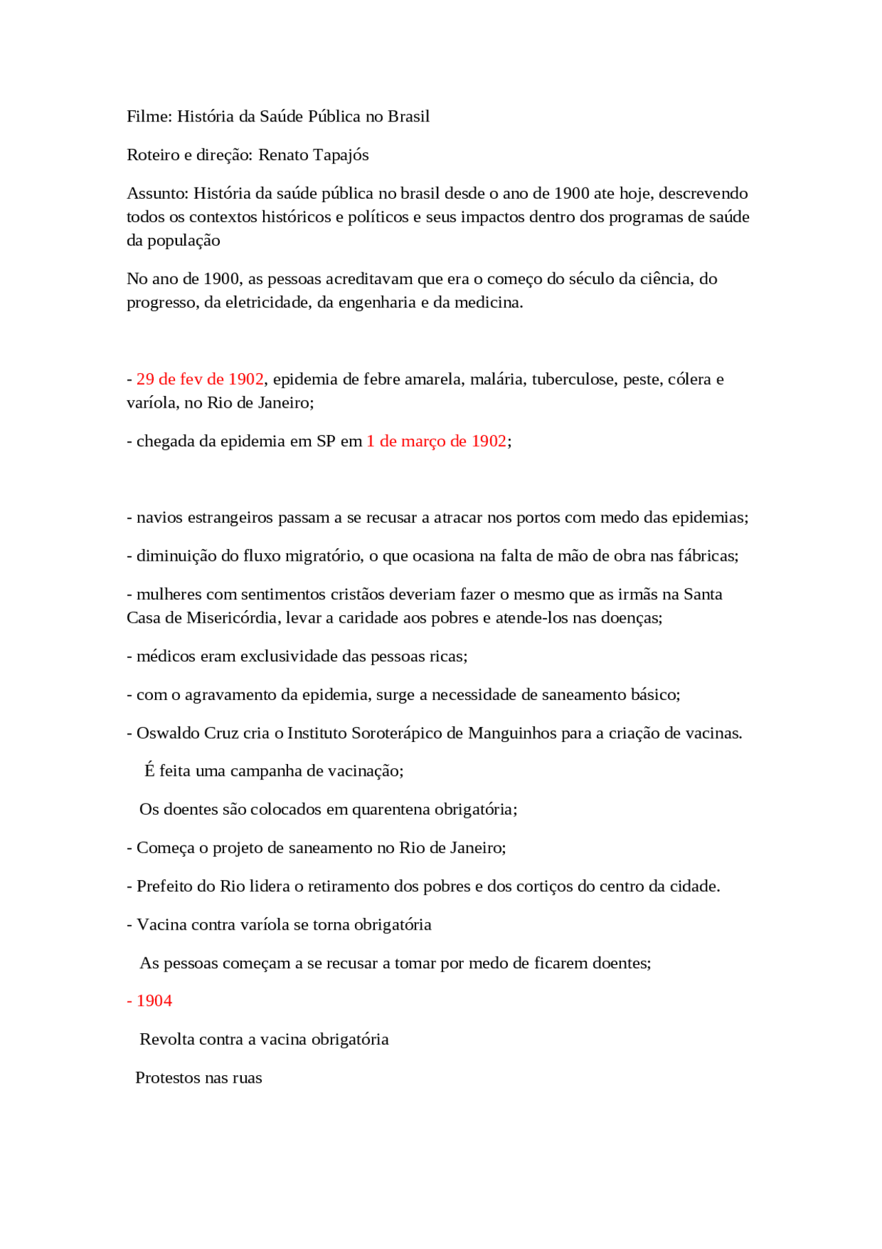 Resumo Filme Historia Da Saude Publica No Brasil Docsity