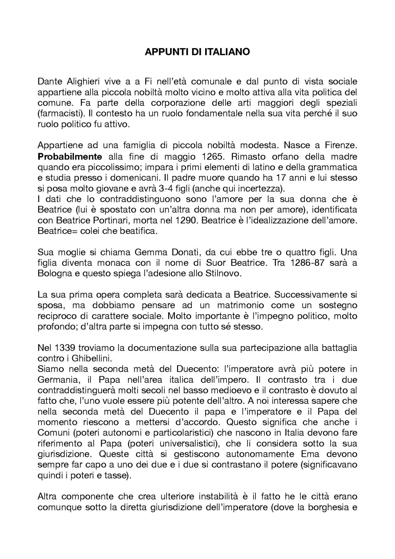 Dante Alighieri e il contesto storico culturale Appunti di Italiano