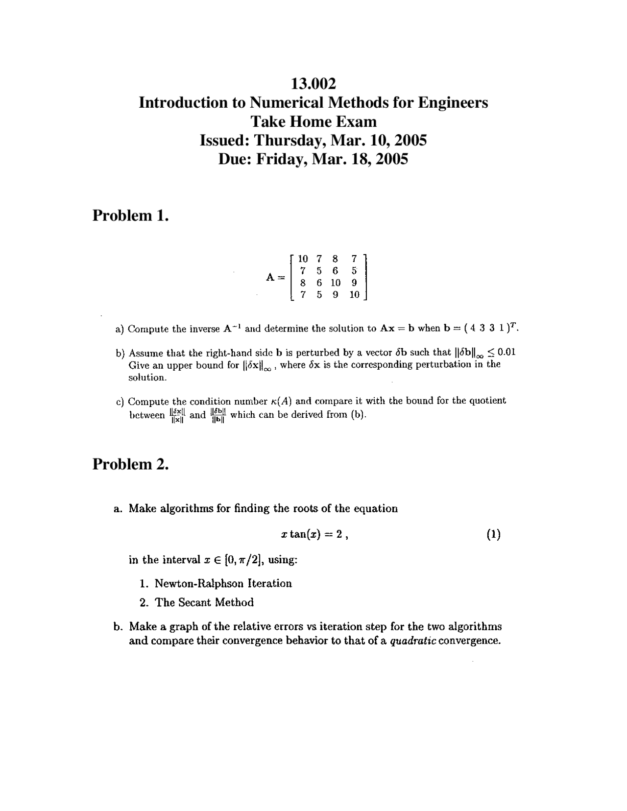 Introduction to Numerical Analysis for Engineering Exam - Spring 2005 ...