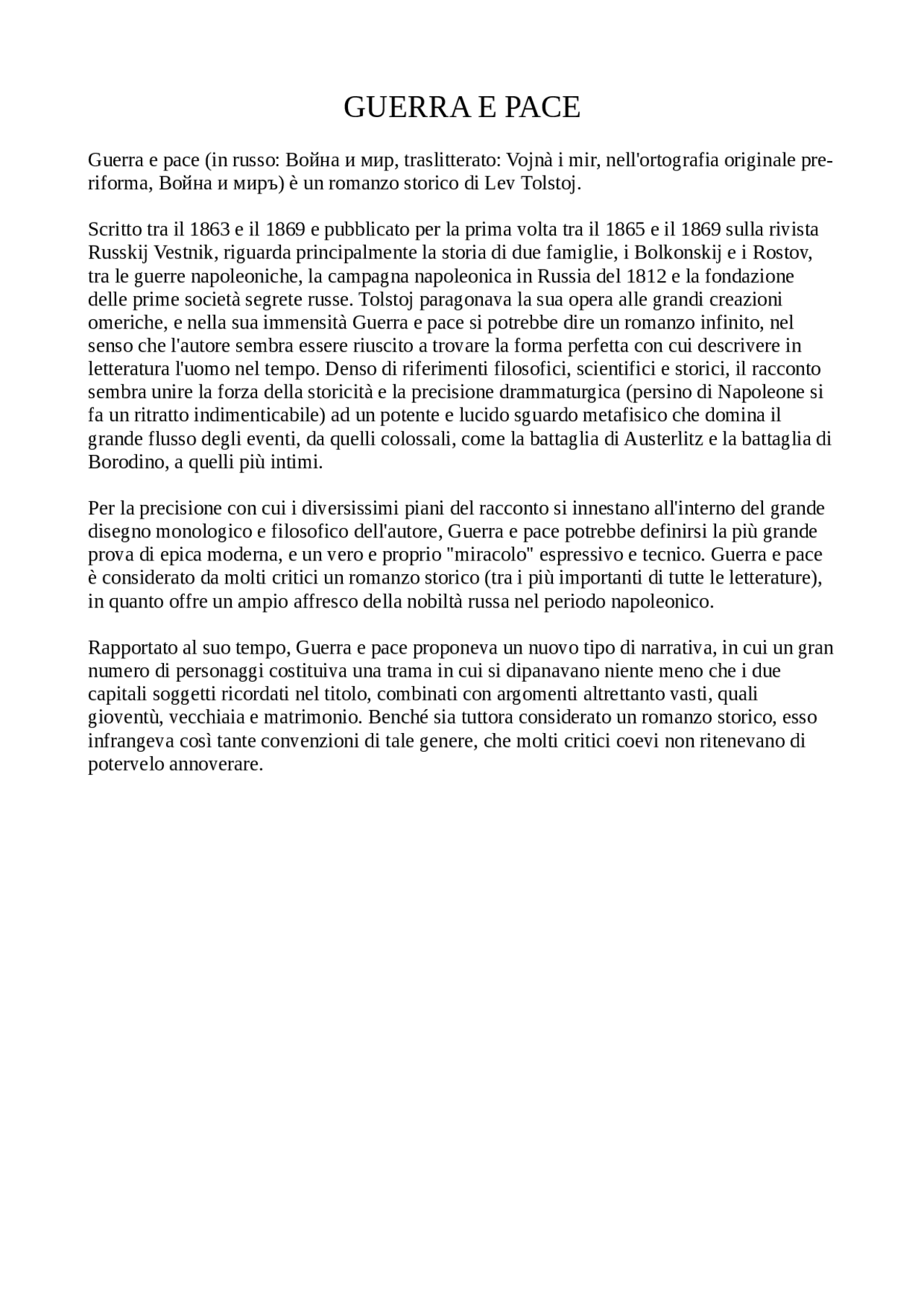 Guerra e pace lev tolstoj Docsity