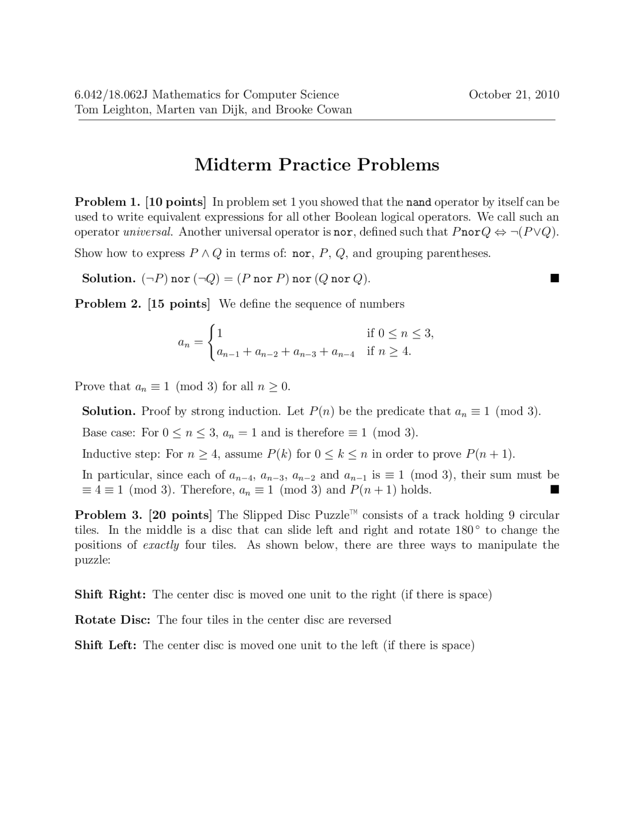 Mathematics for Computer Science Midterm Practice Problems with ...