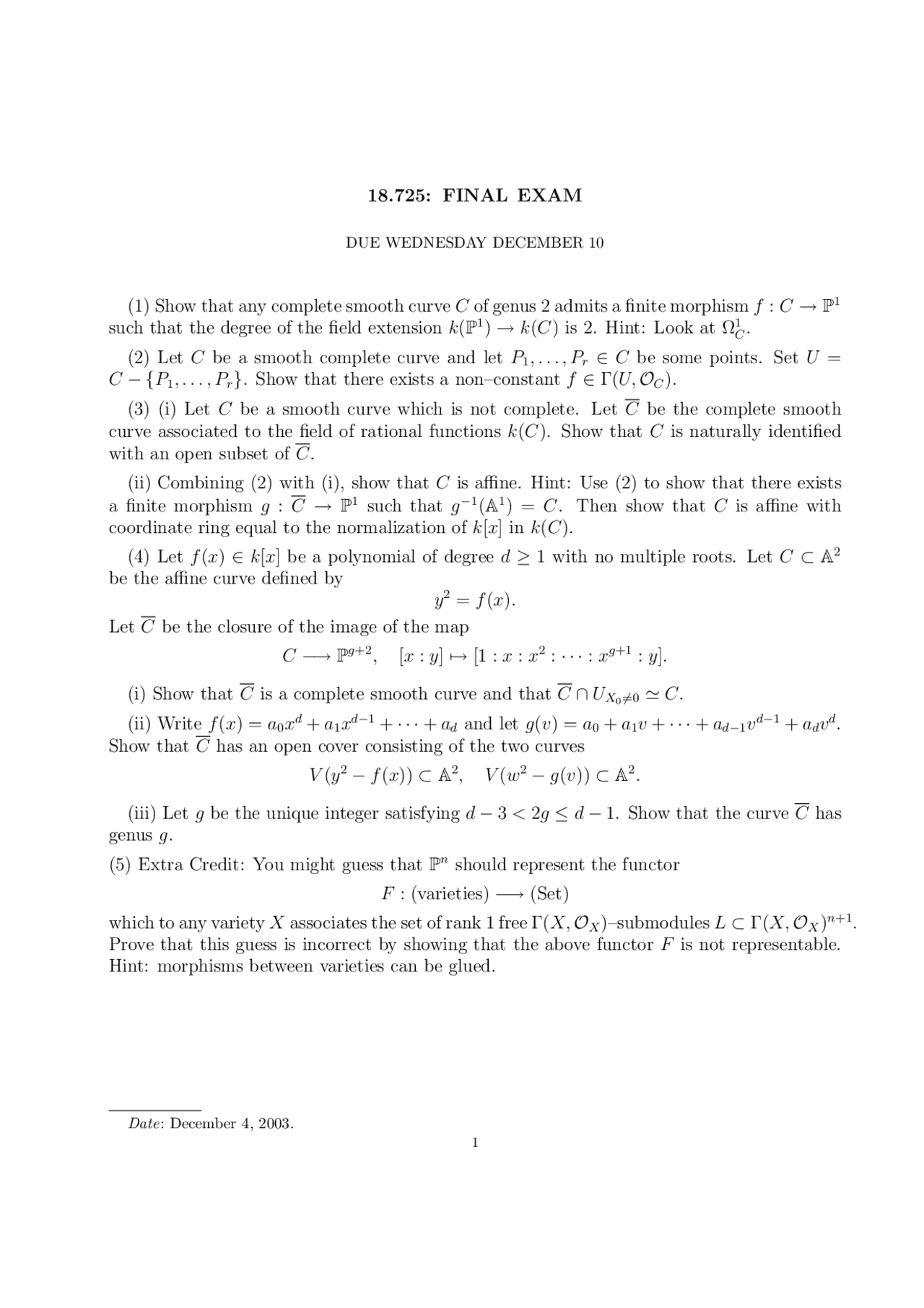 Algebraic Geometry Final Exam MIT Docsity