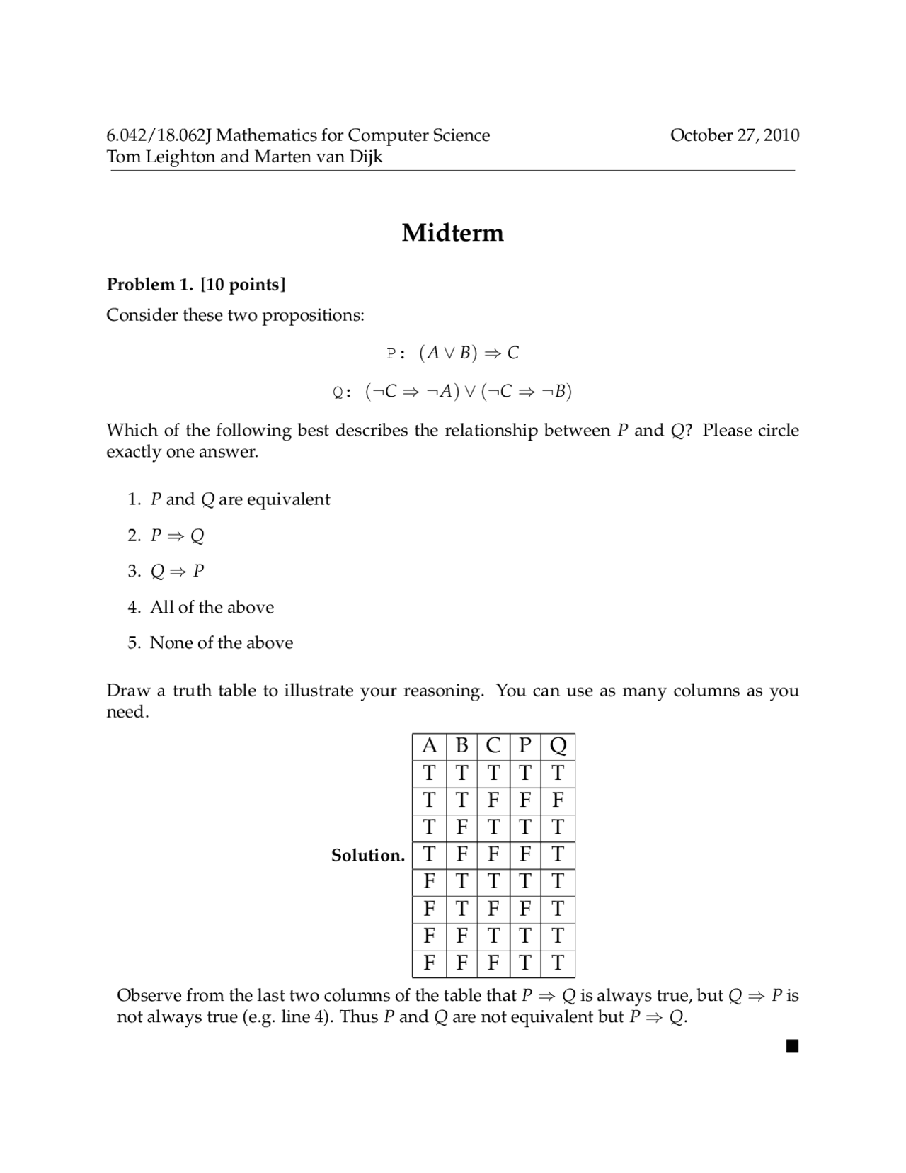 Mathematics for Computer Science Midterm Exam with Solutions | Exams ...