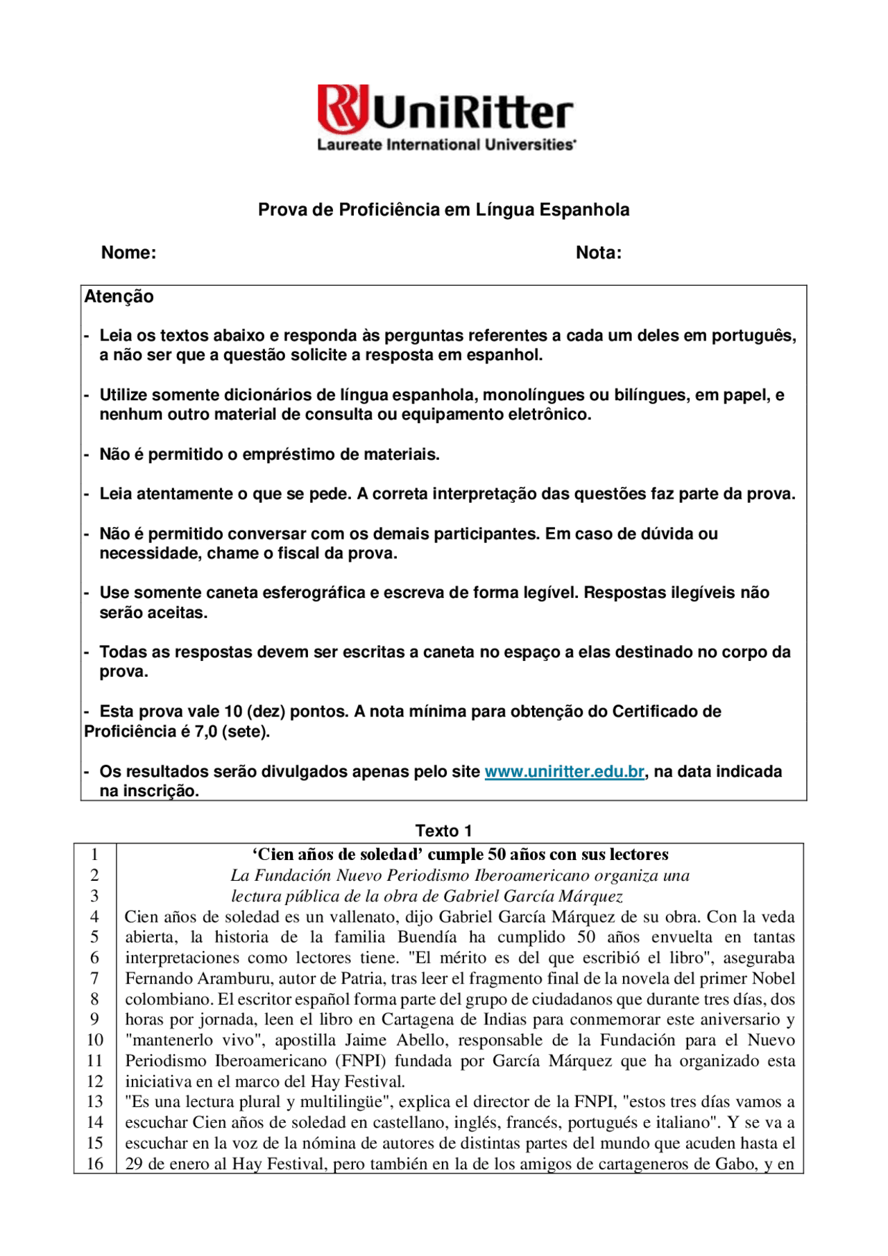 Prova de Proficiência em Espanhol UNIRITTER - Docsity
