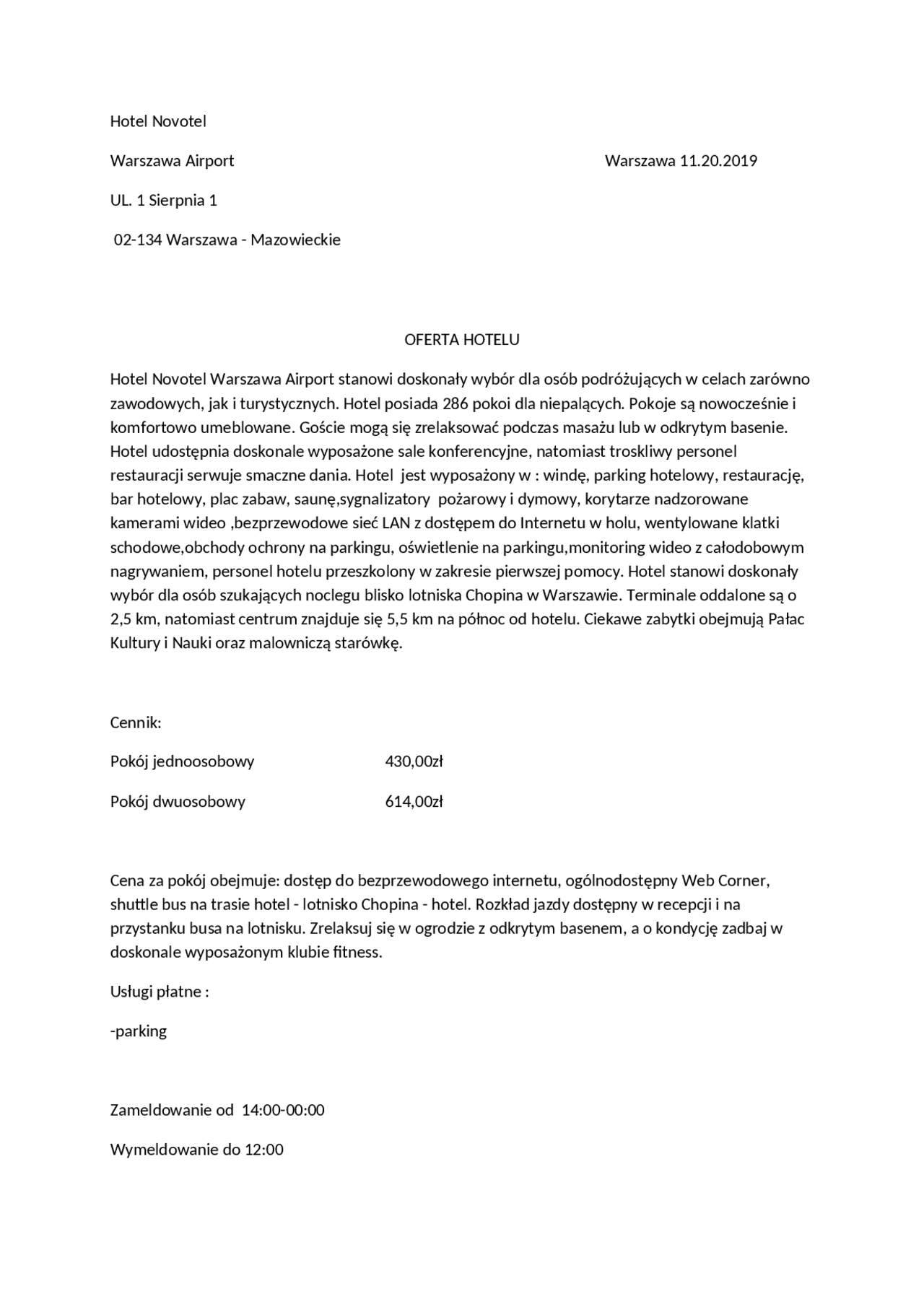 Ćwiczenie: przykładowa oferta hotelu | Notatki Ekonomia | Docsity