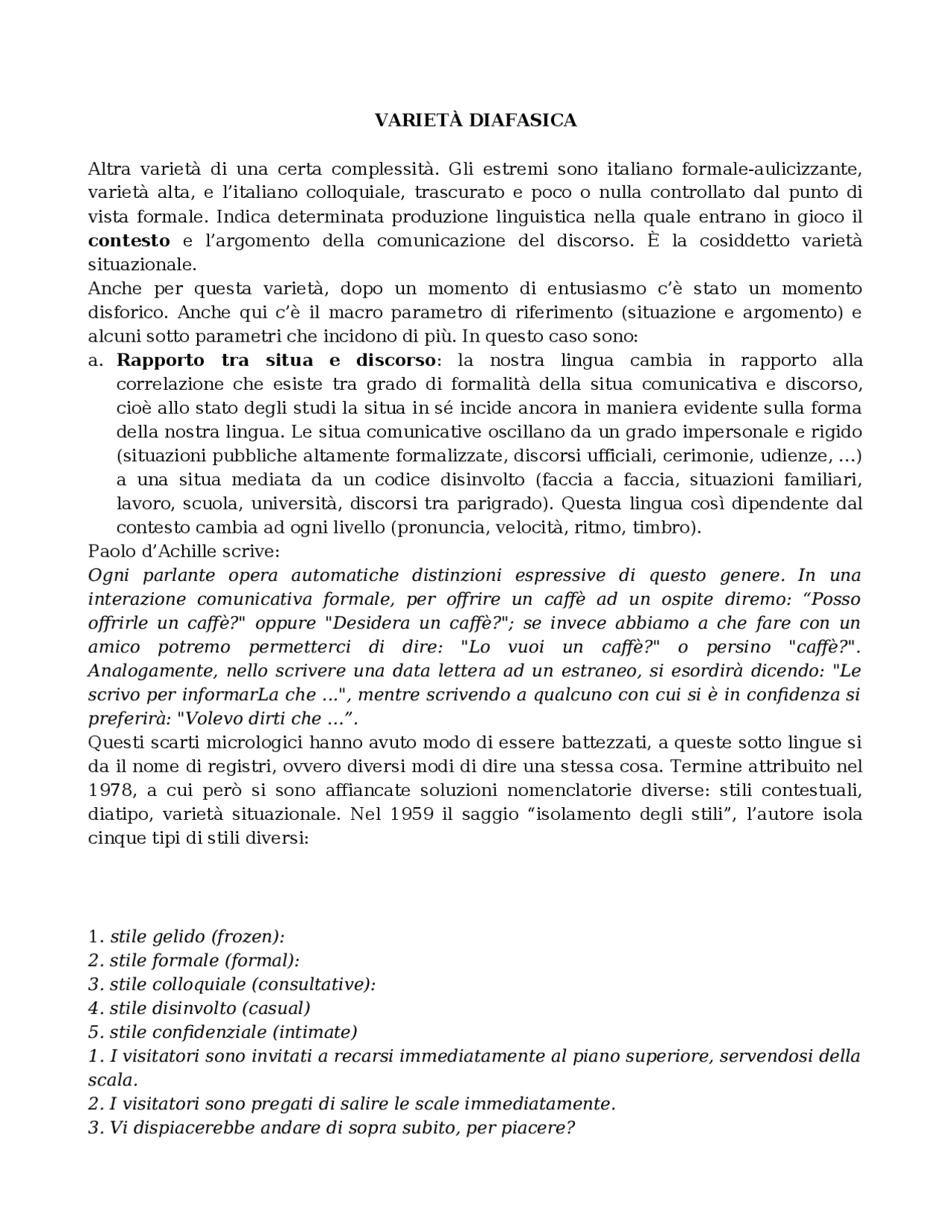 Varietà Diafasica Linguistica / storia della lingua Docsity