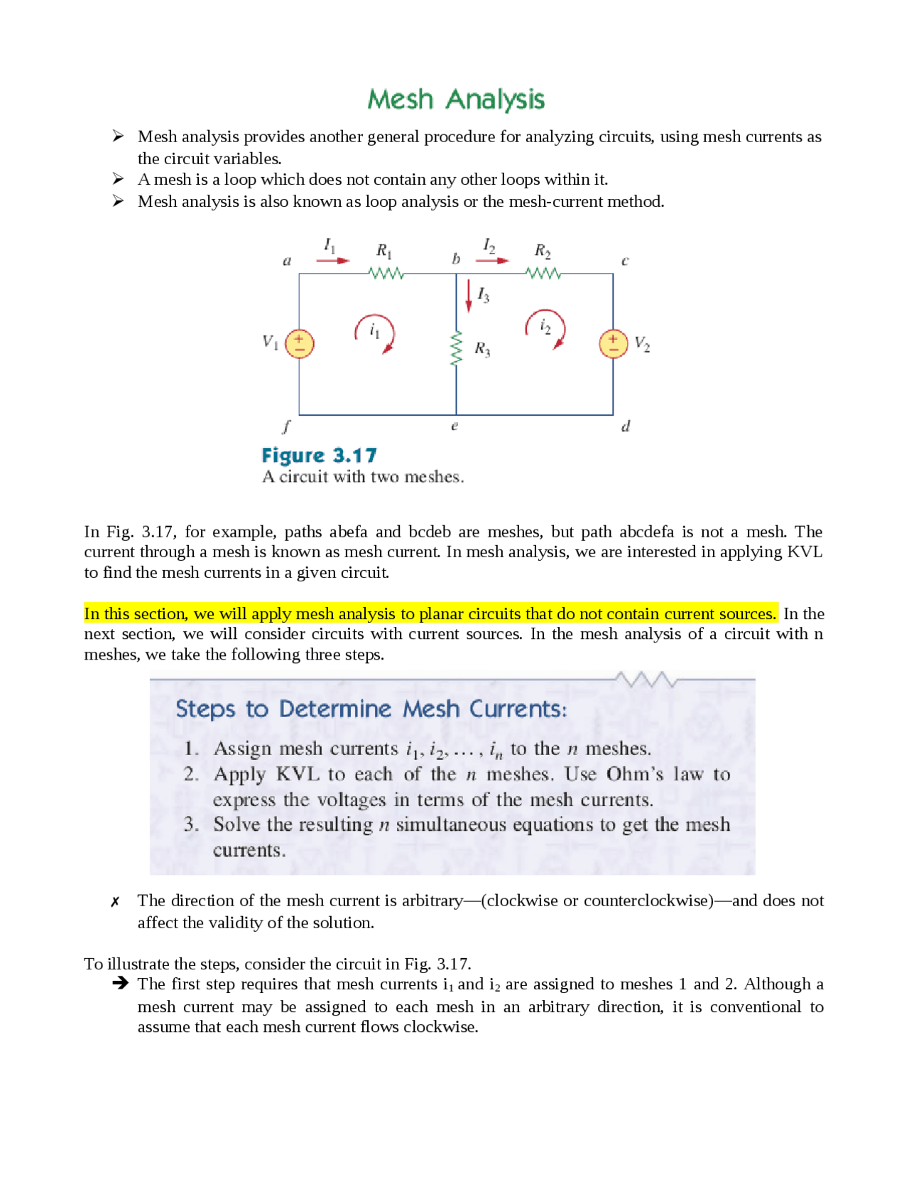 Circuit theory (Mesh Analysis) - Docsity
