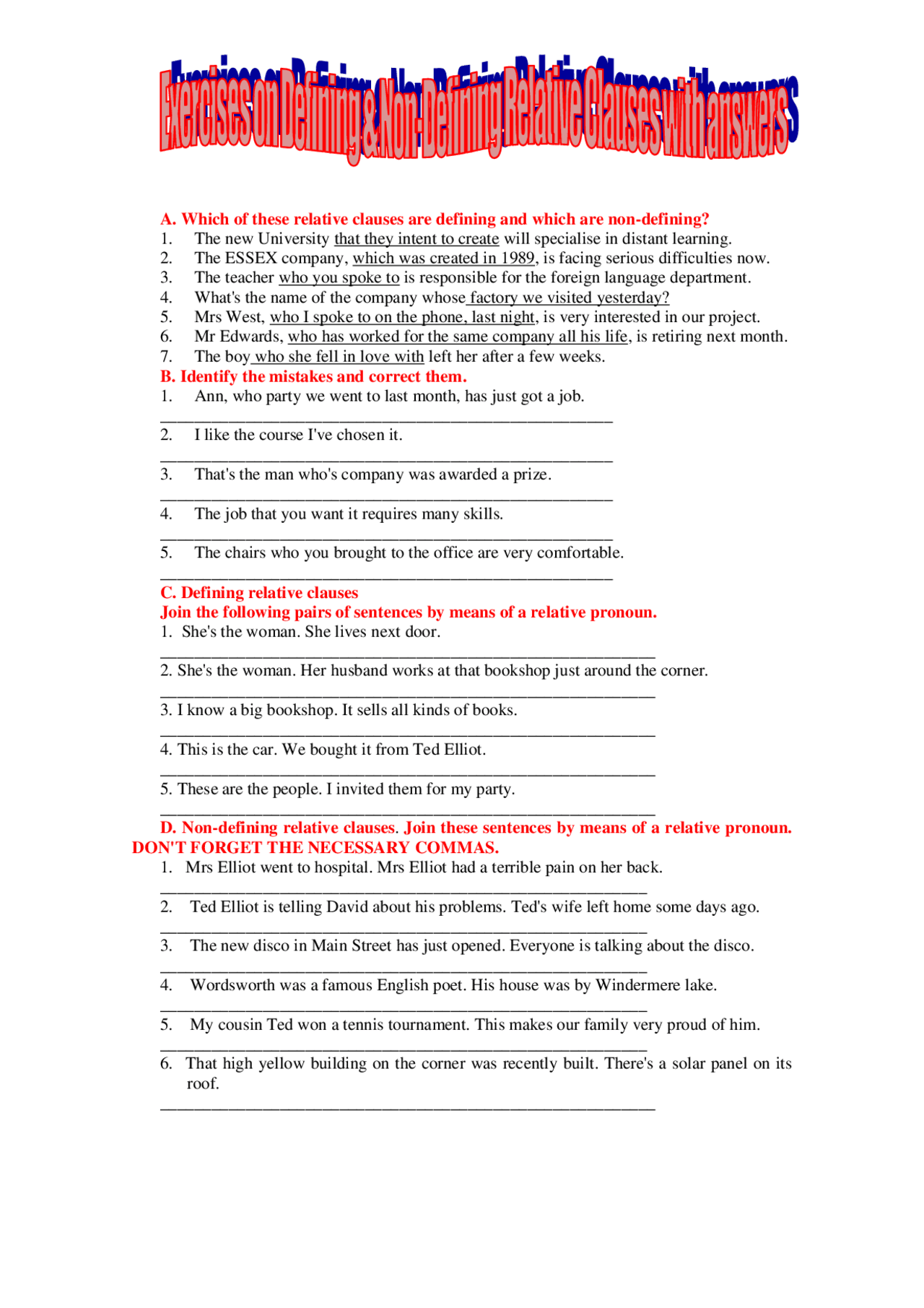 Definition Non Example Example Worksheet DEFINING AND NON-DEFINING EXERCISES - Docsity