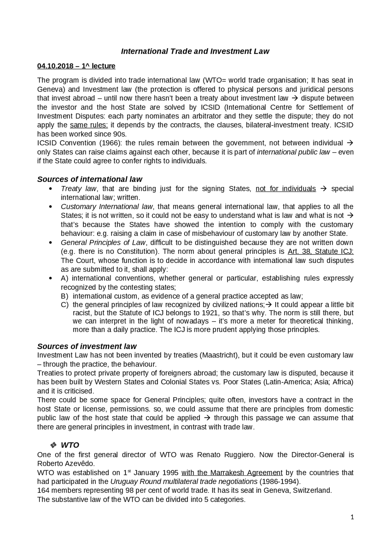 INTERNATIONAL TRADE AND INVESTMENT LAW - Docsity