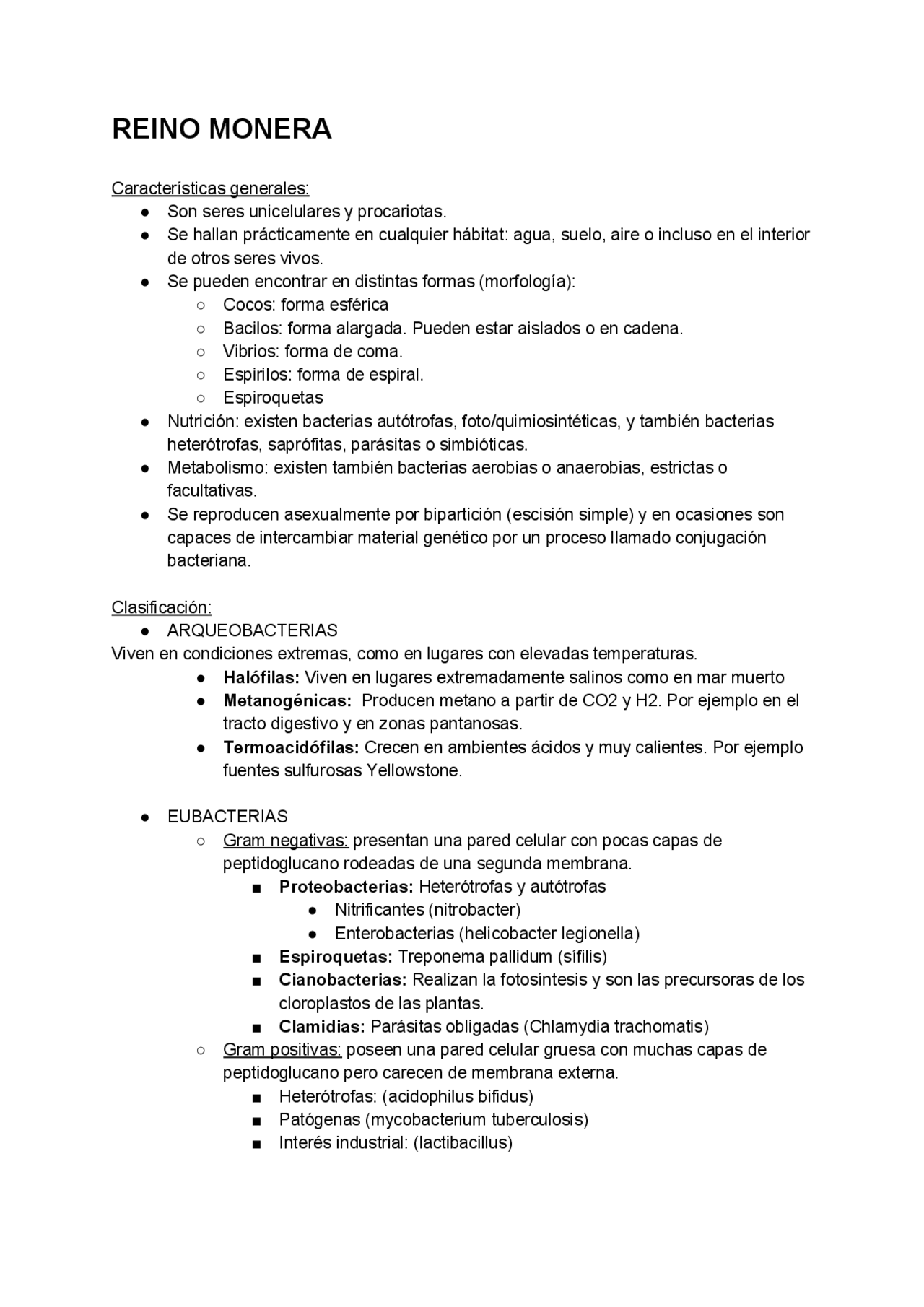 Reino monera, protoctista y hongos | Apuntes de Biología | Docsity