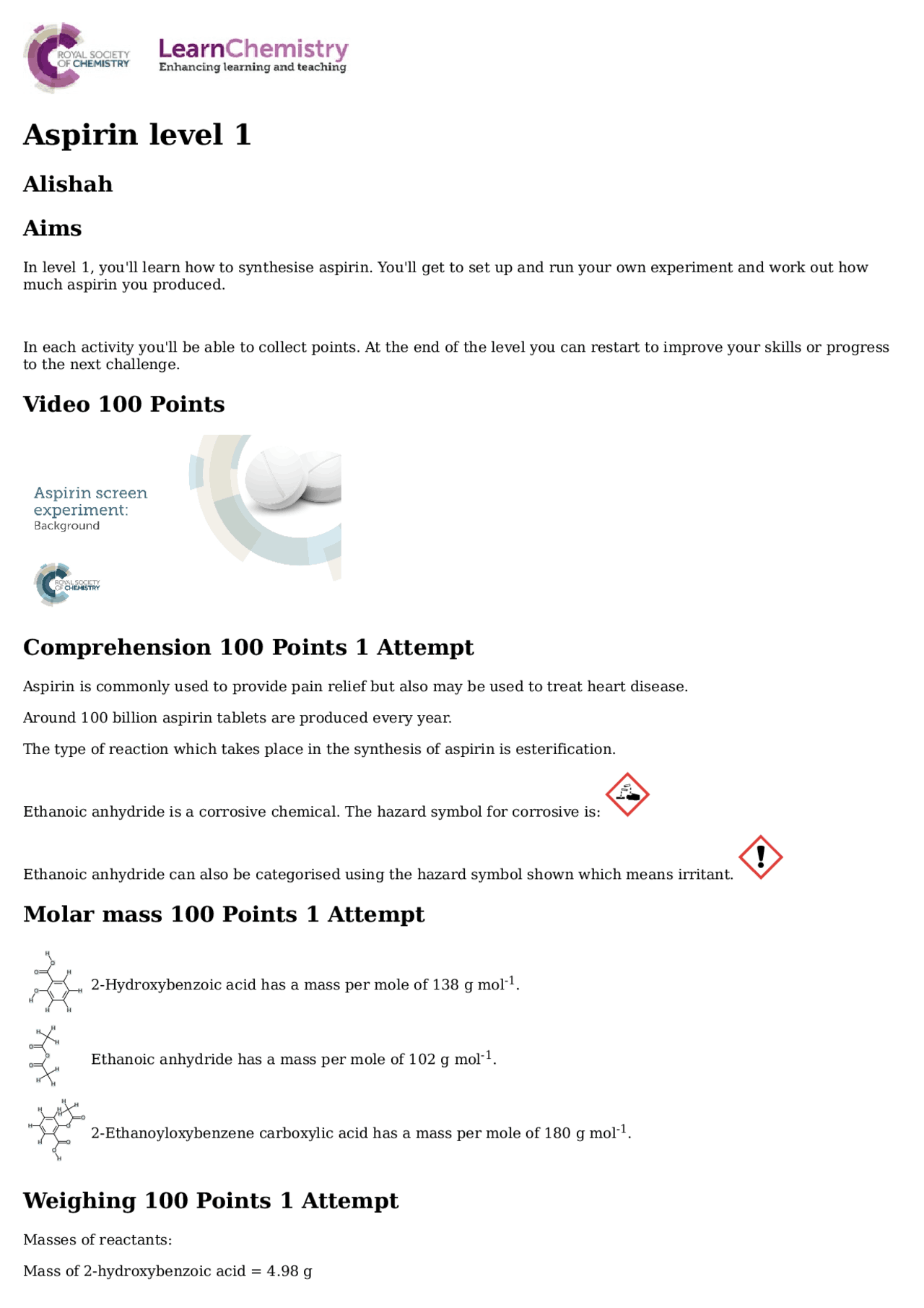 Molar mass , Weighing - Docsity